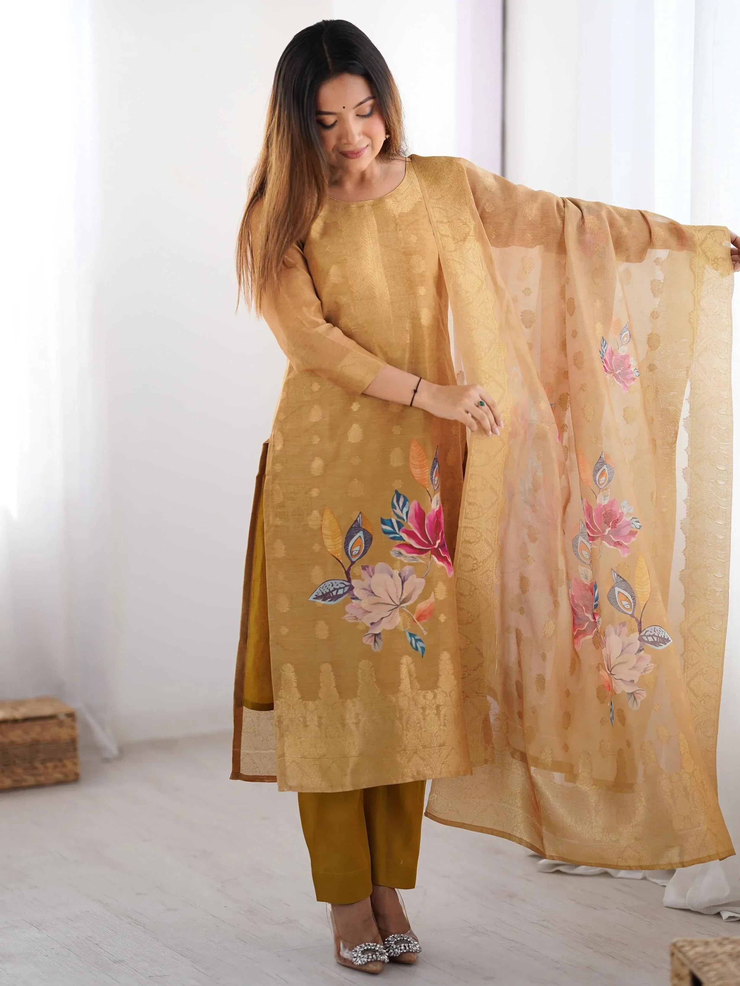 Mustard Fascinating Organza Digital Printed Traditional Straight Suit