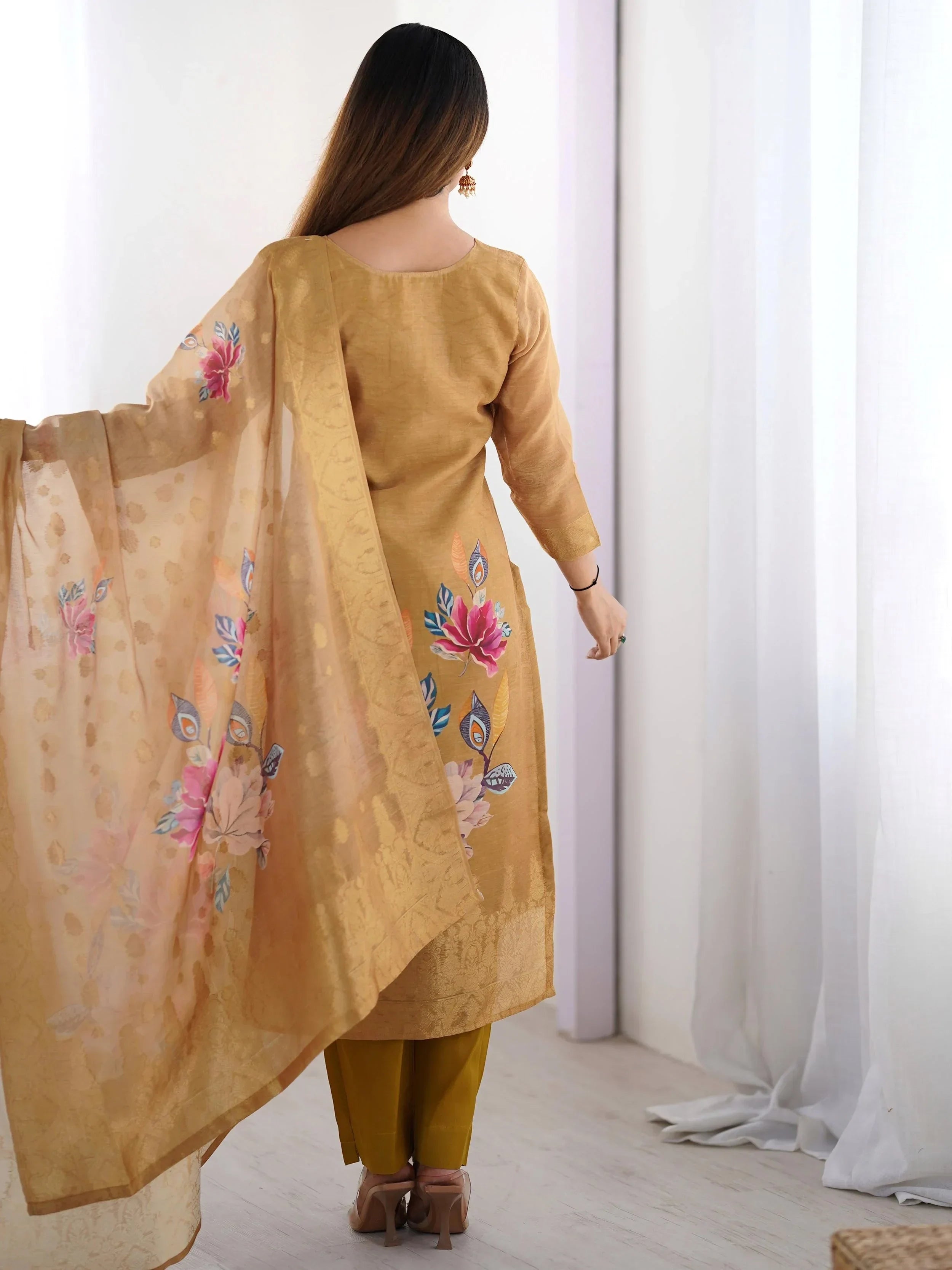 Mustard Fascinating Organza Digital Printed Traditional Straight Suit