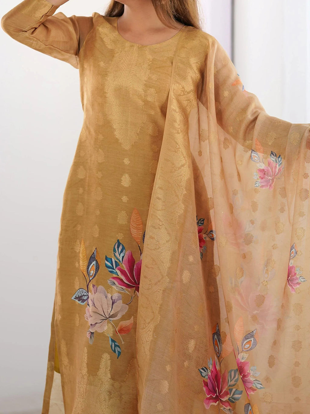 Mustard Fascinating Organza Digital Printed Traditional Straight Suit
