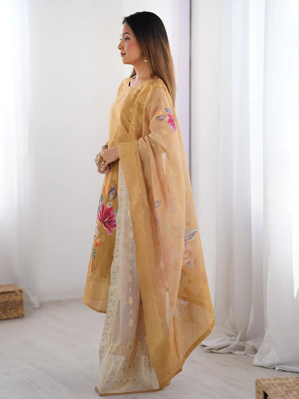Mustard Fascinating Organza Digital Printed Traditional Straight Suit