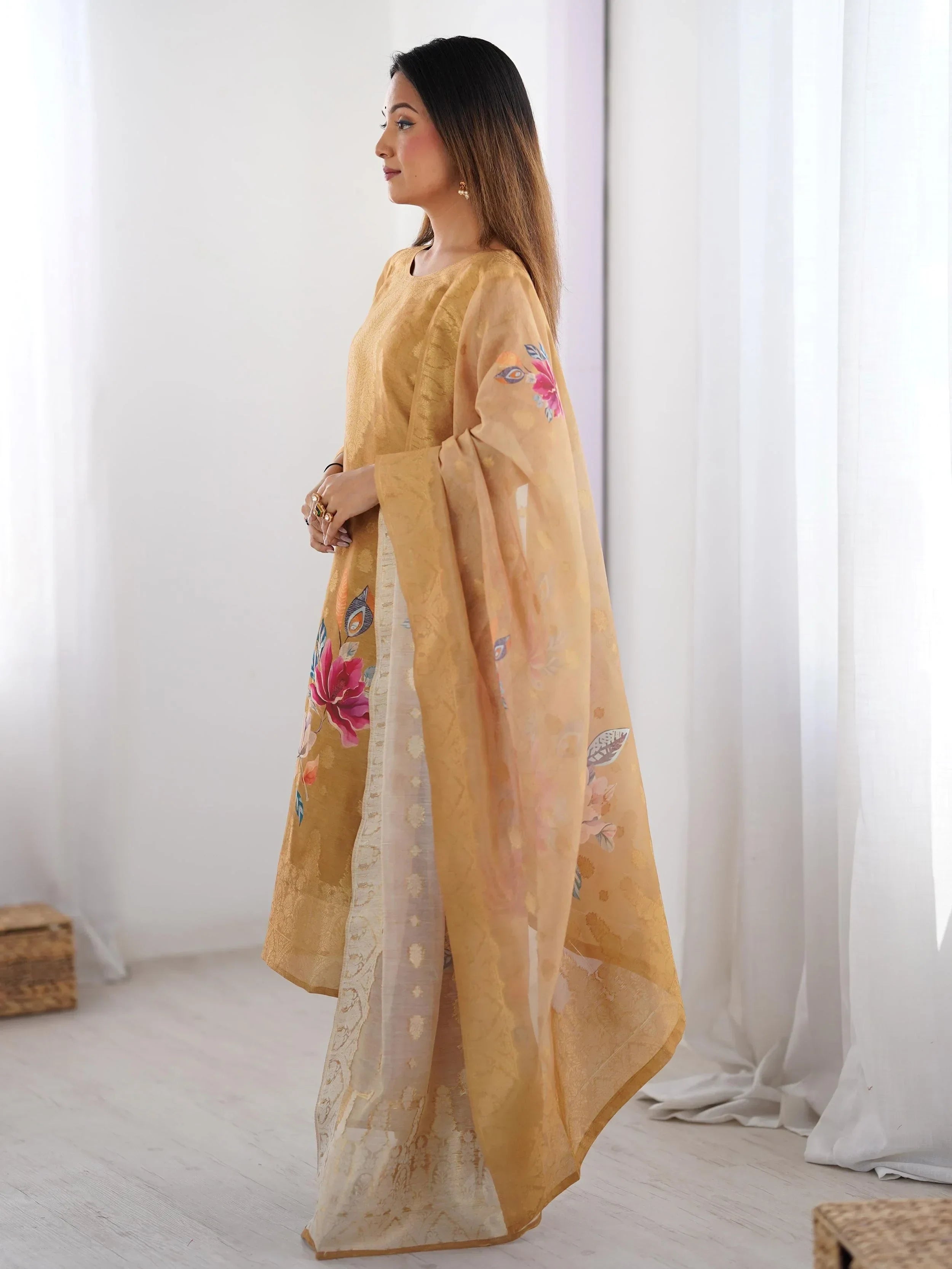 Mustard Fascinating Organza Digital Printed Traditional Straight Suit