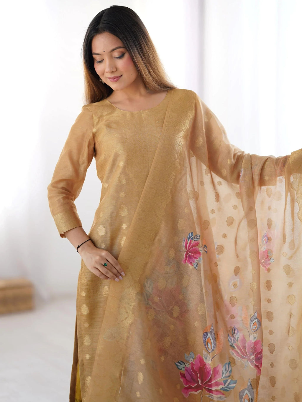 Mustard Fascinating Organza Digital Printed Traditional Straight Suit