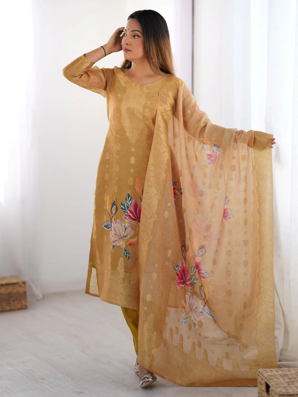 Mustard Fascinating Organza Digital Printed Traditional Straight Suit