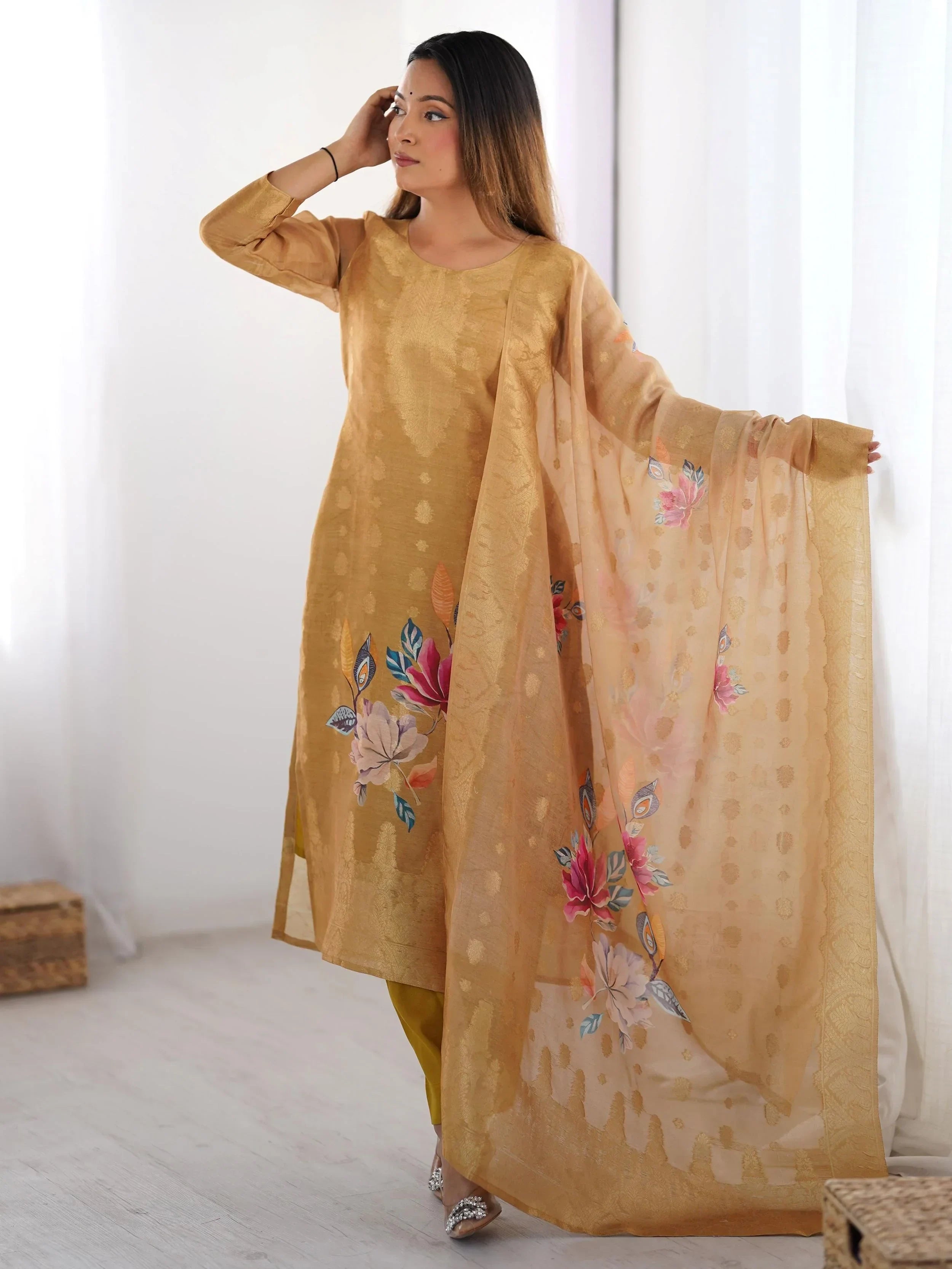 Mustard Fascinating Organza Digital Printed Traditional Straight Suit