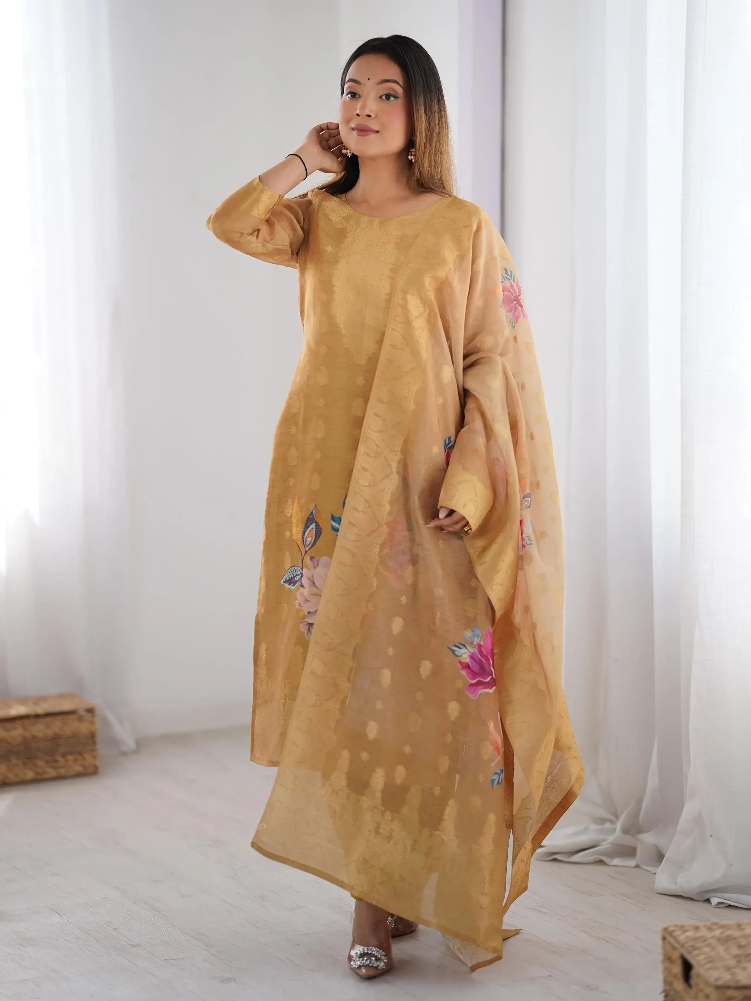 Mustard Fascinating Organza Digital Printed Traditional Straight Suit