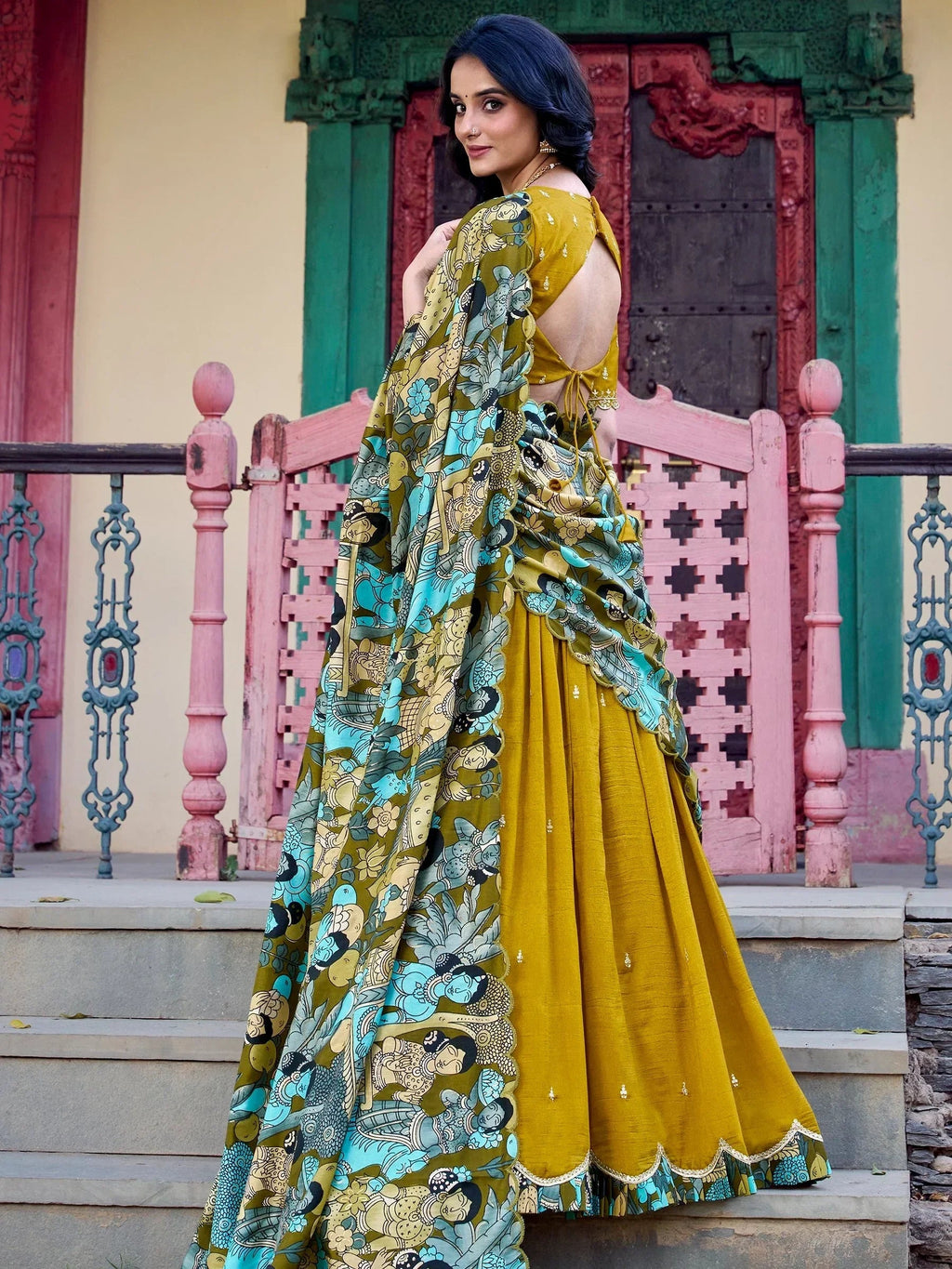 Mustard Gorgeous Thread Work Vichitra Silk Festive Wear Lehenga Choli