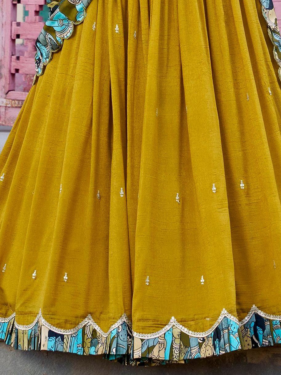 Mustard Gorgeous Thread Work Vichitra Silk Festive Wear Lehenga Choli