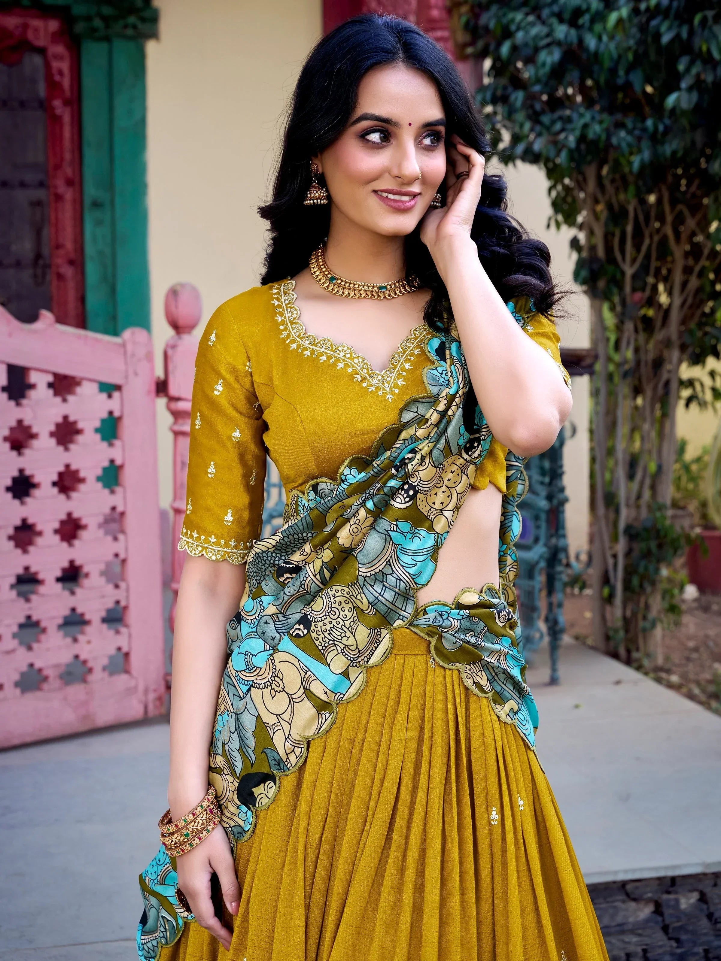 Mustard Gorgeous Thread Work Vichitra Silk Festive Wear Lehenga Choli