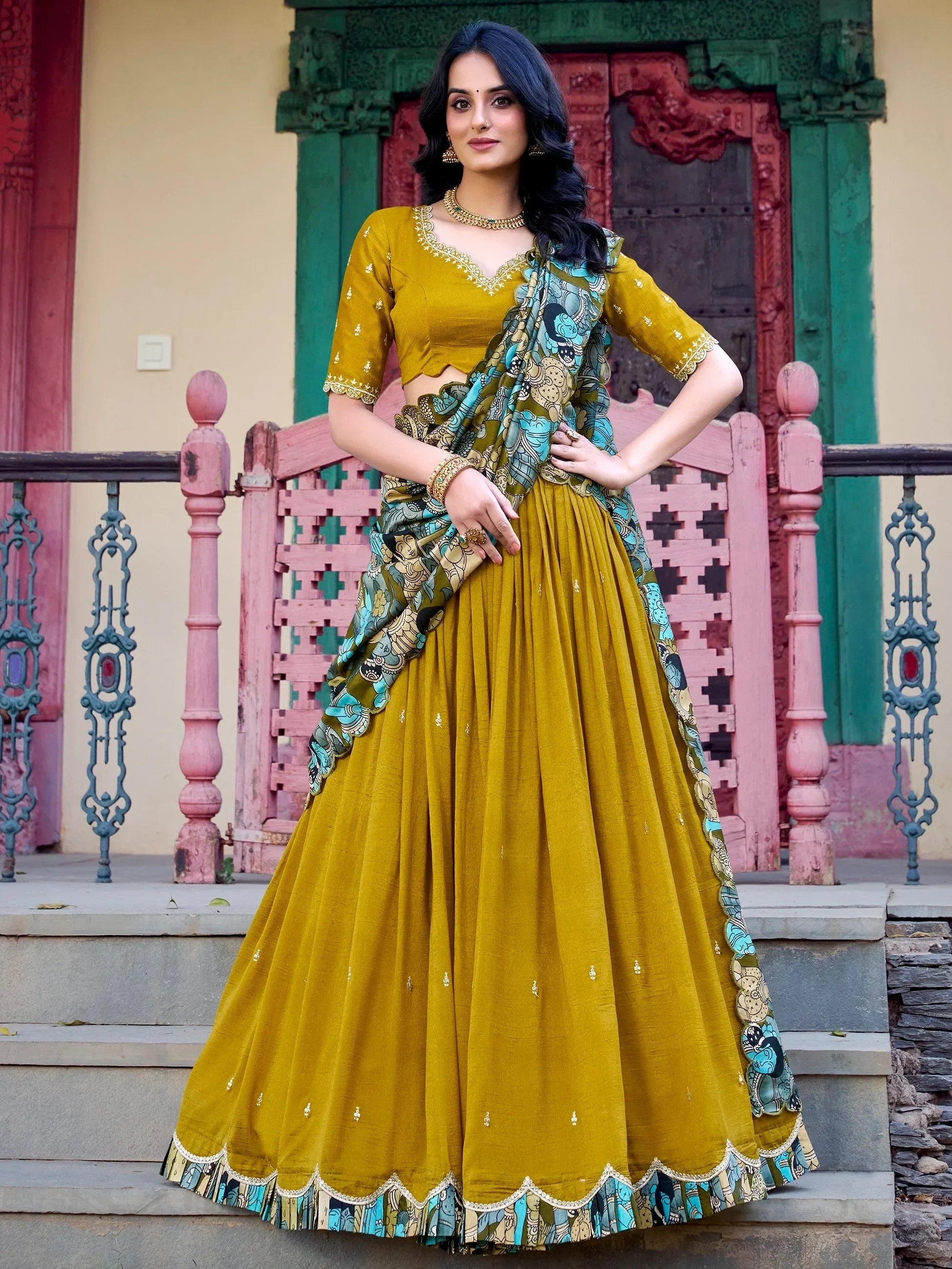 Mustard Gorgeous Thread Work Vichitra Silk Festive Wear Lehenga Choli