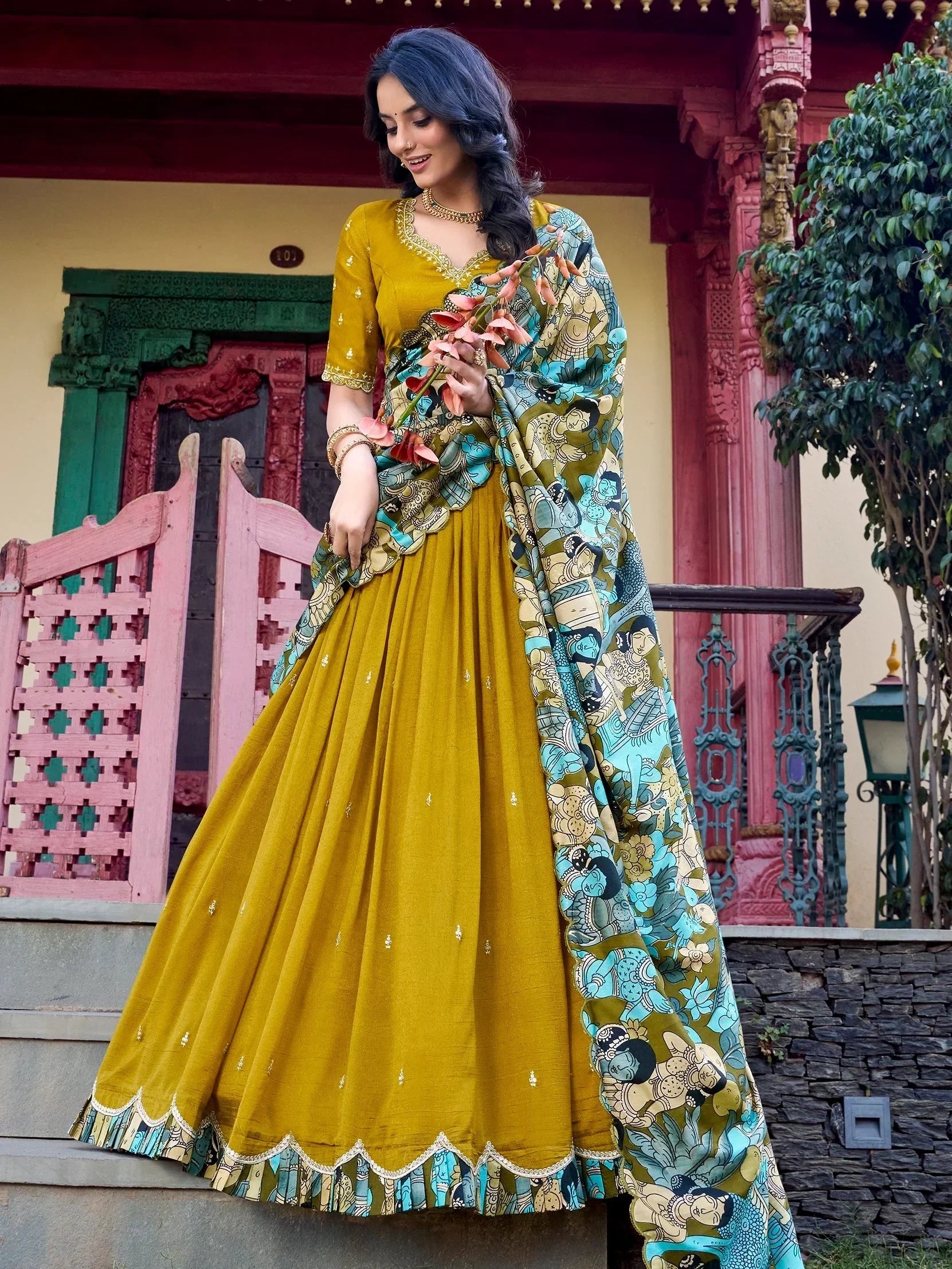 Mustard Gorgeous Thread Work Vichitra Silk Festive Wear Lehenga Choli