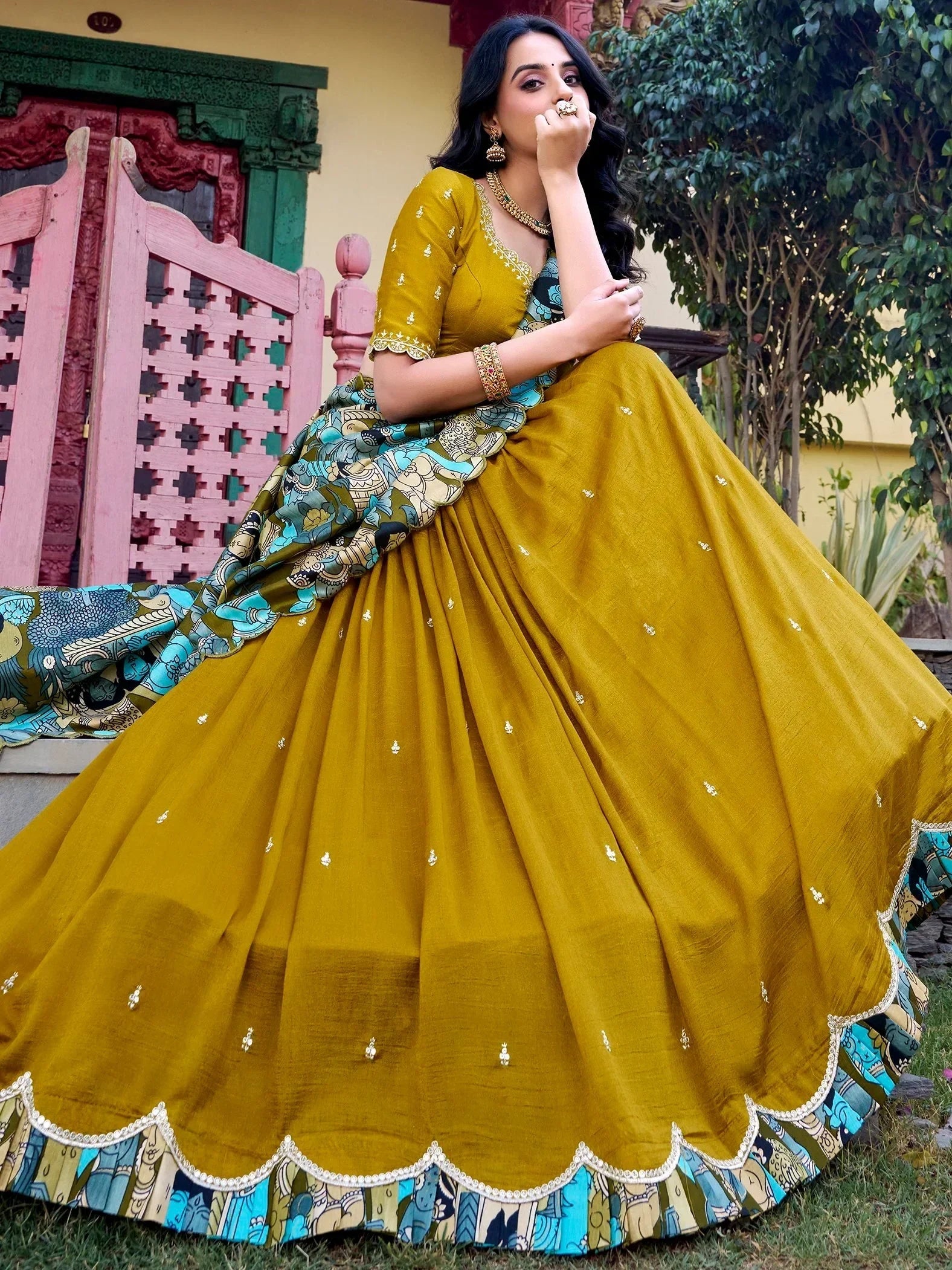 Mustard Gorgeous Thread Work Vichitra Silk Festive Wear Lehenga Choli