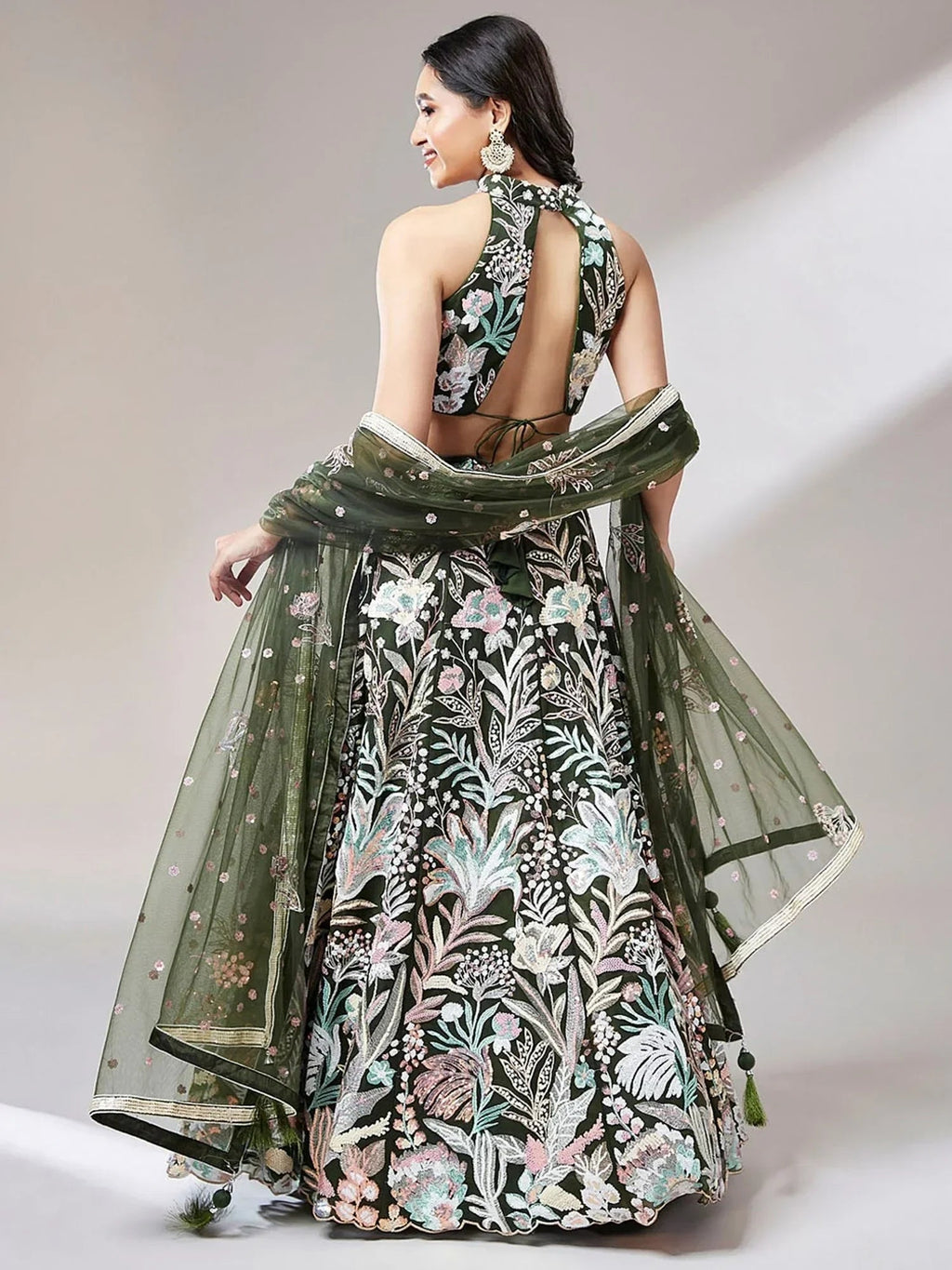 Olive Ravishing Color Sequins Soft Net Party Wear Lehenga Choli