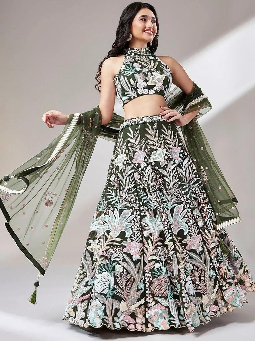 Olive Ravishing Color Sequins Soft Net Party Wear Lehenga Choli