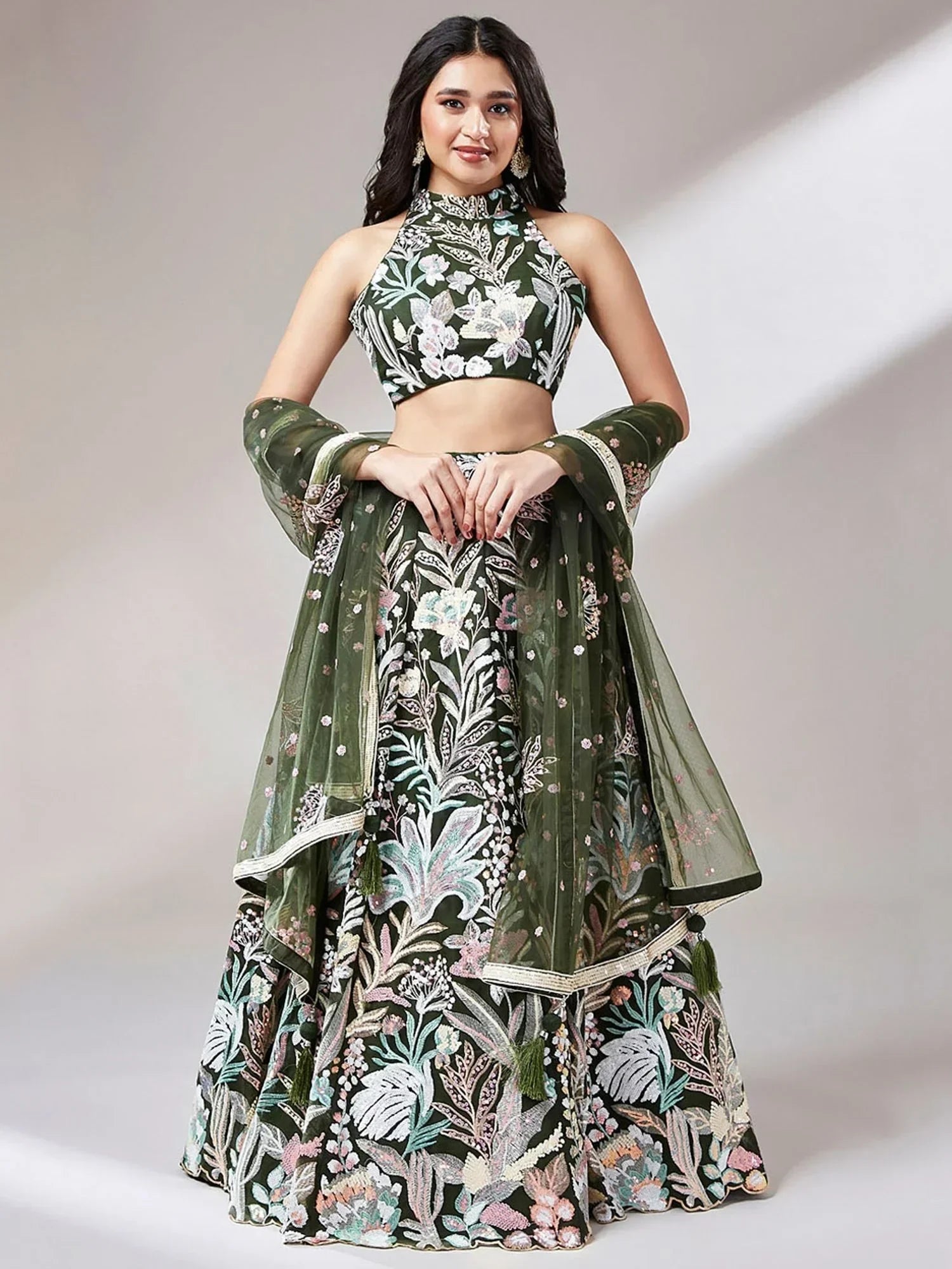 Olive Ravishing Color Sequins Soft Net Party Wear Lehenga Choli