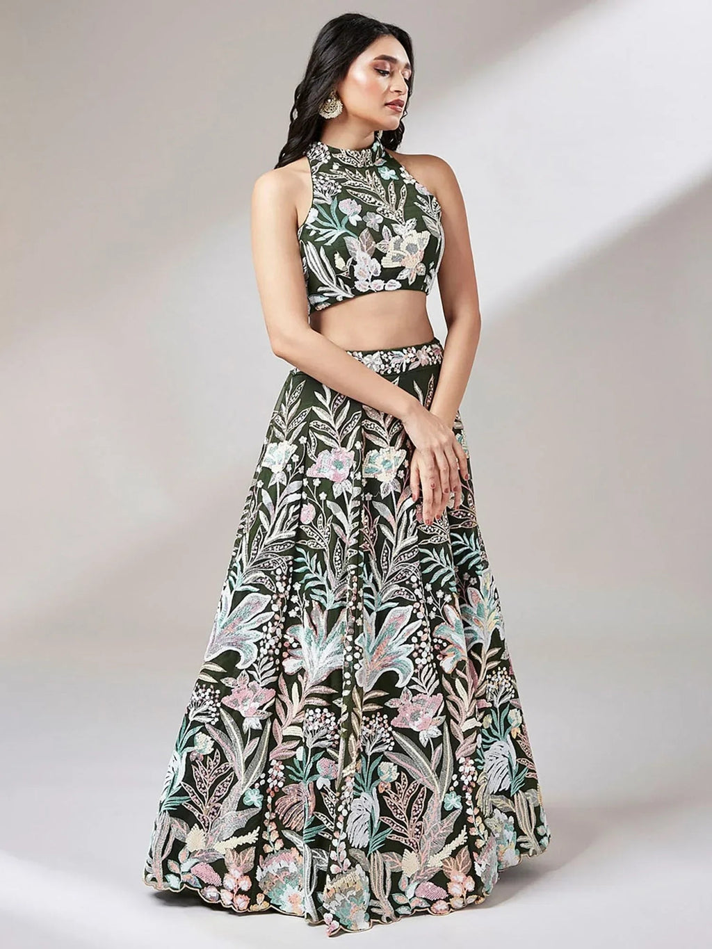 Olive Ravishing Color Sequins Soft Net Party Wear Lehenga Choli