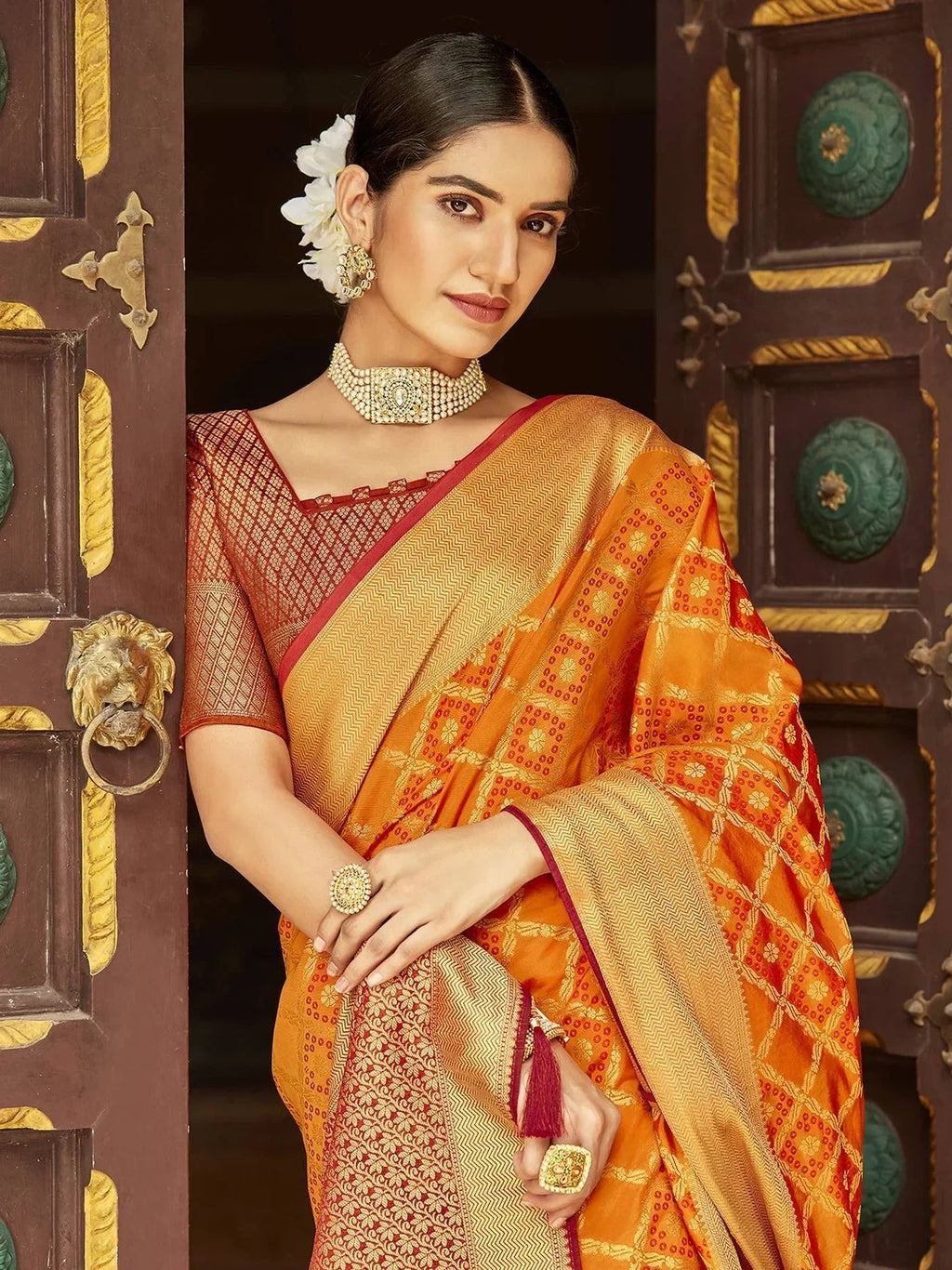 Awesome Orange Zari Weaving Silk Traditional Saree With Blouse