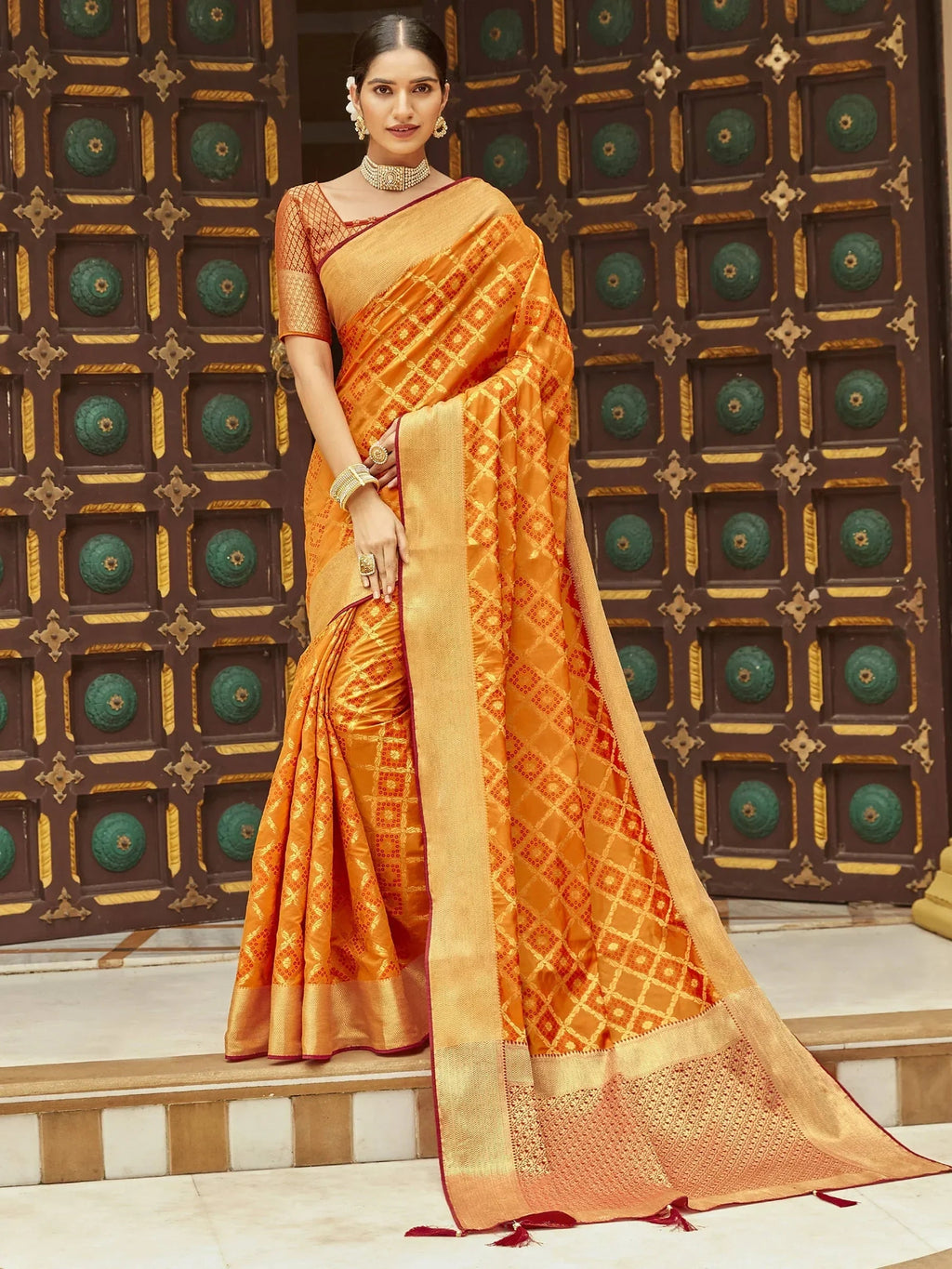 Awesome Orange Zari Weaving Silk Traditional Saree With Blouse