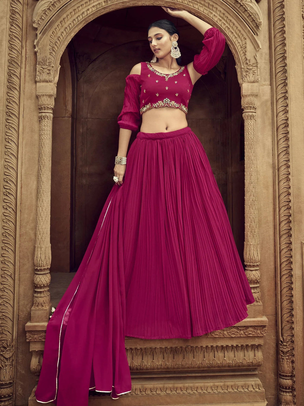 Awesome Rani Pink Hand Embroidered Georgette Lehenga Choli