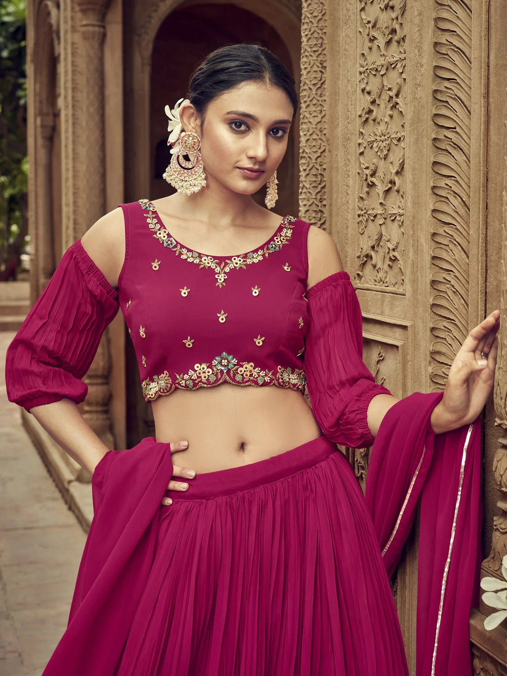 Awesome Rani Pink Hand Embroidered Georgette Lehenga Choli