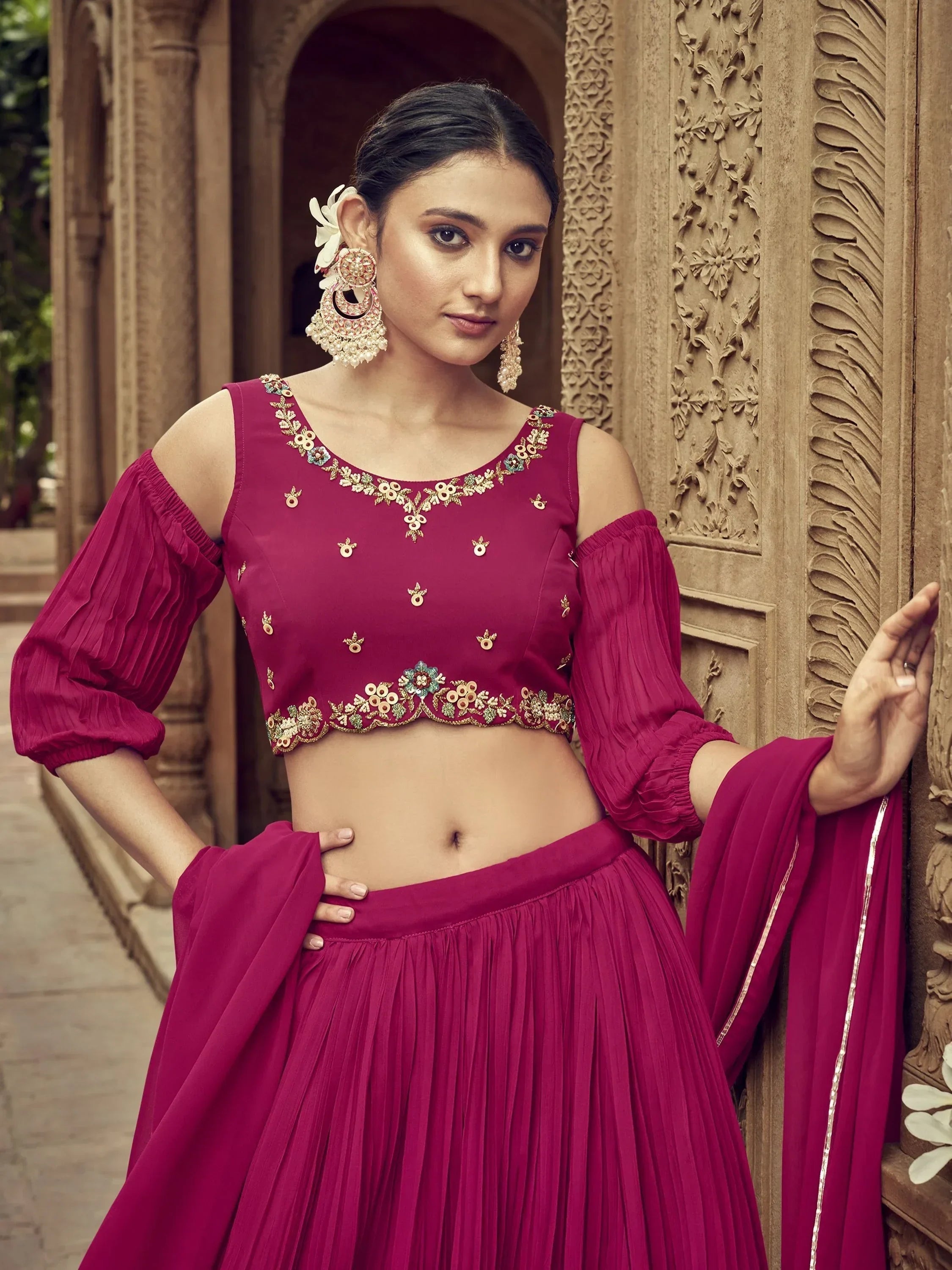 Awesome Rani Pink Hand Embroidered Georgette Lehenga Choli