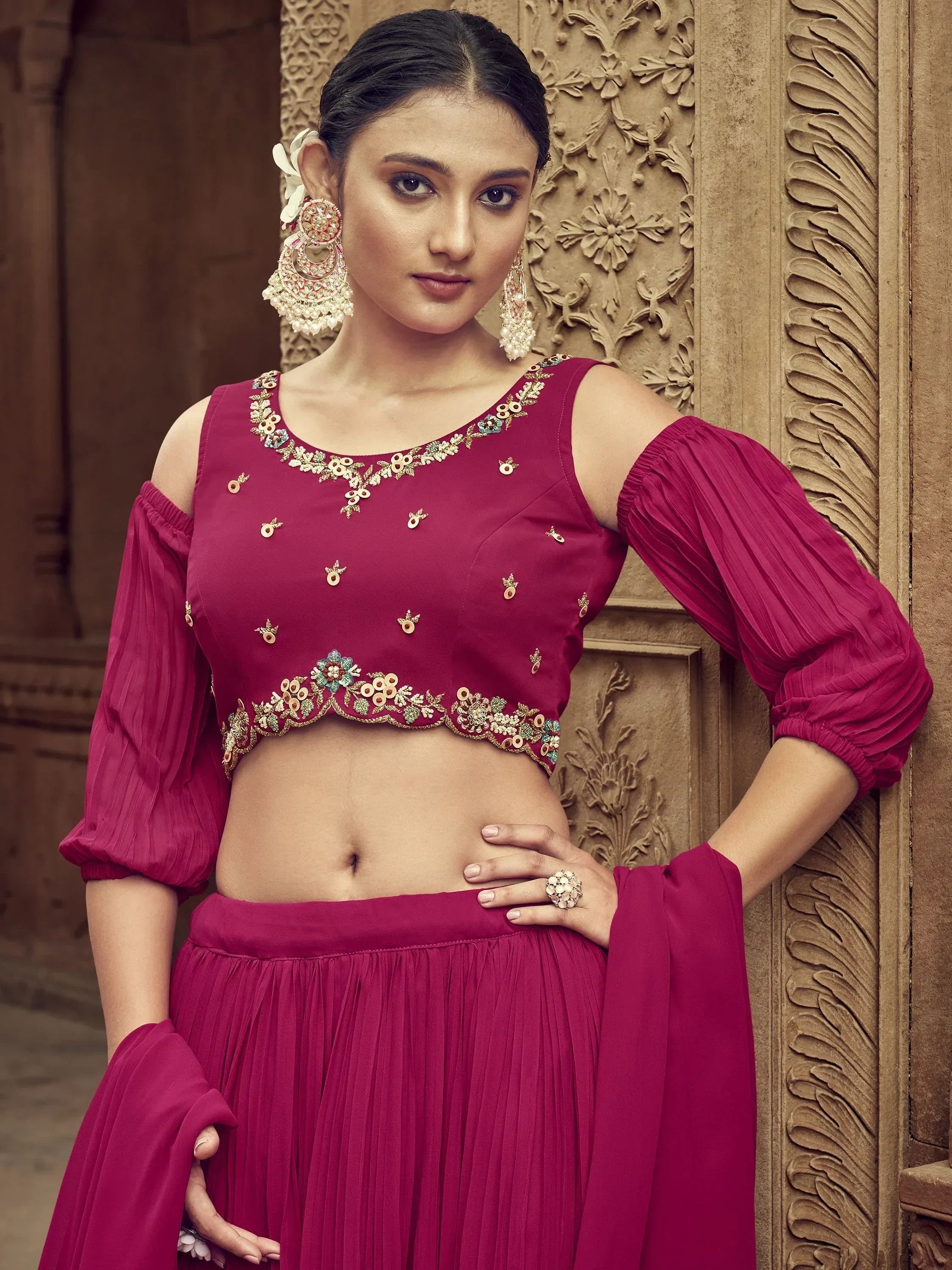 Awesome Rani Pink Hand Embroidered Georgette Lehenga Choli