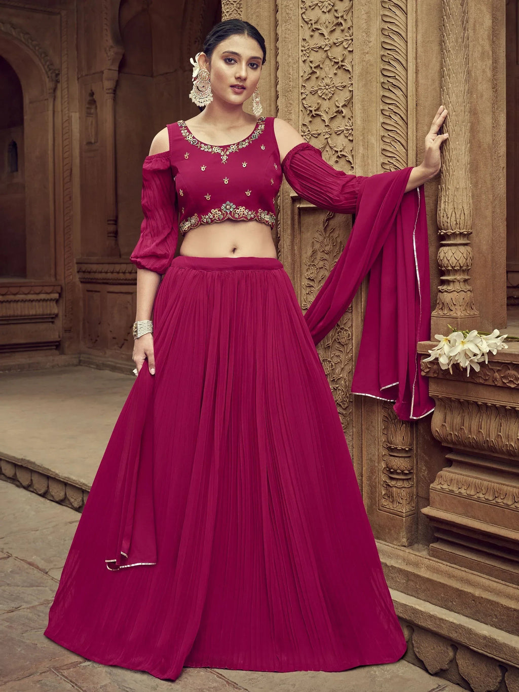 Awesome Rani Pink Hand Embroidered Georgette Lehenga Choli