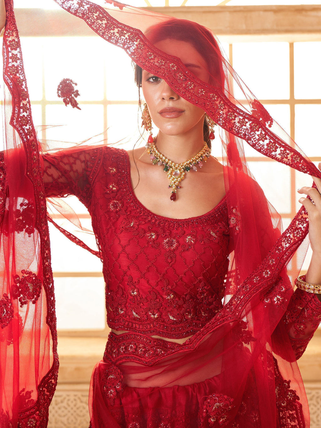 Awesome Red Embroidered Net Wedding Lehenga Choli With Dupatta