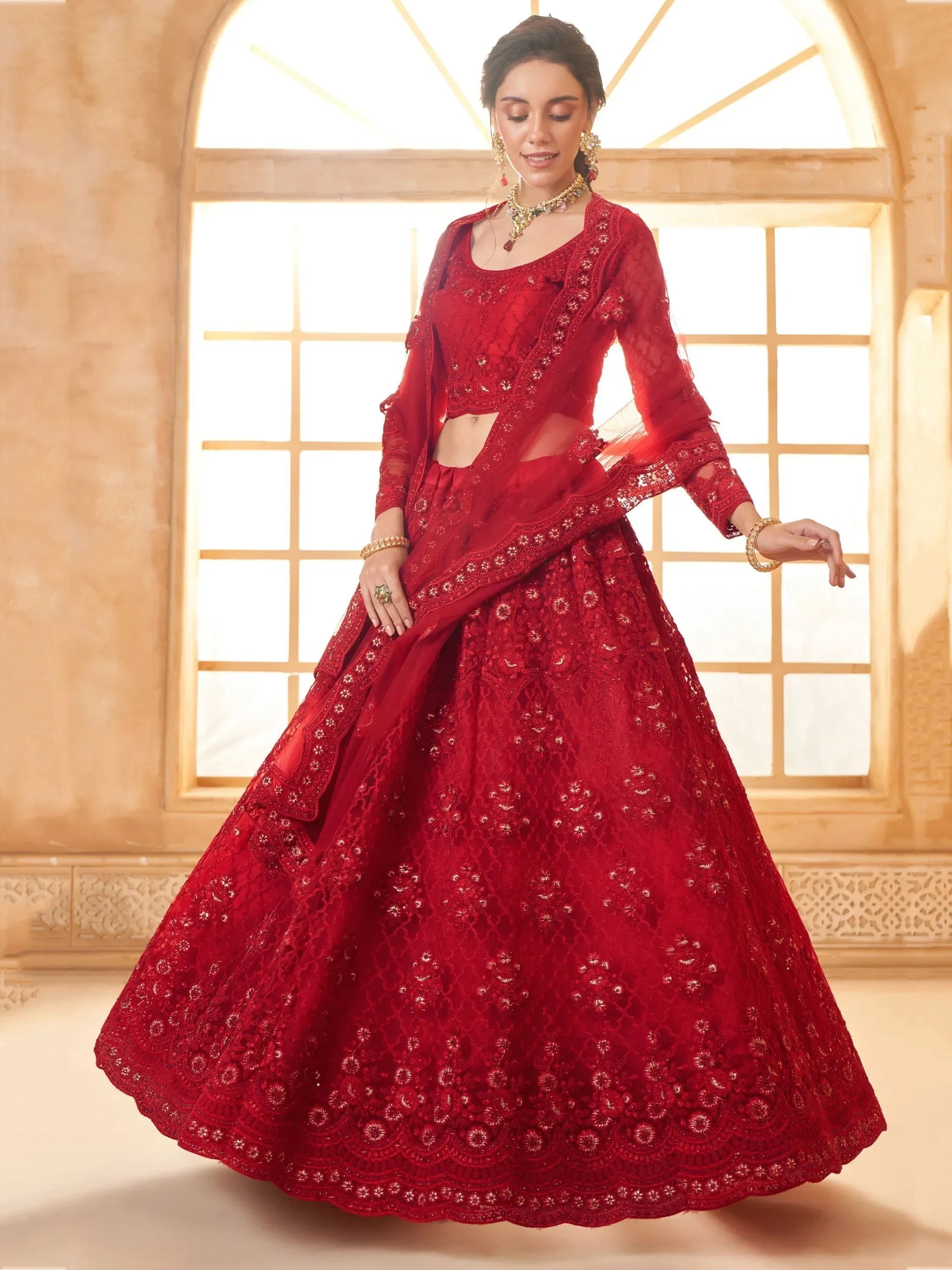 Awesome Red Embroidered Net Wedding Lehenga Choli With Dupatta
