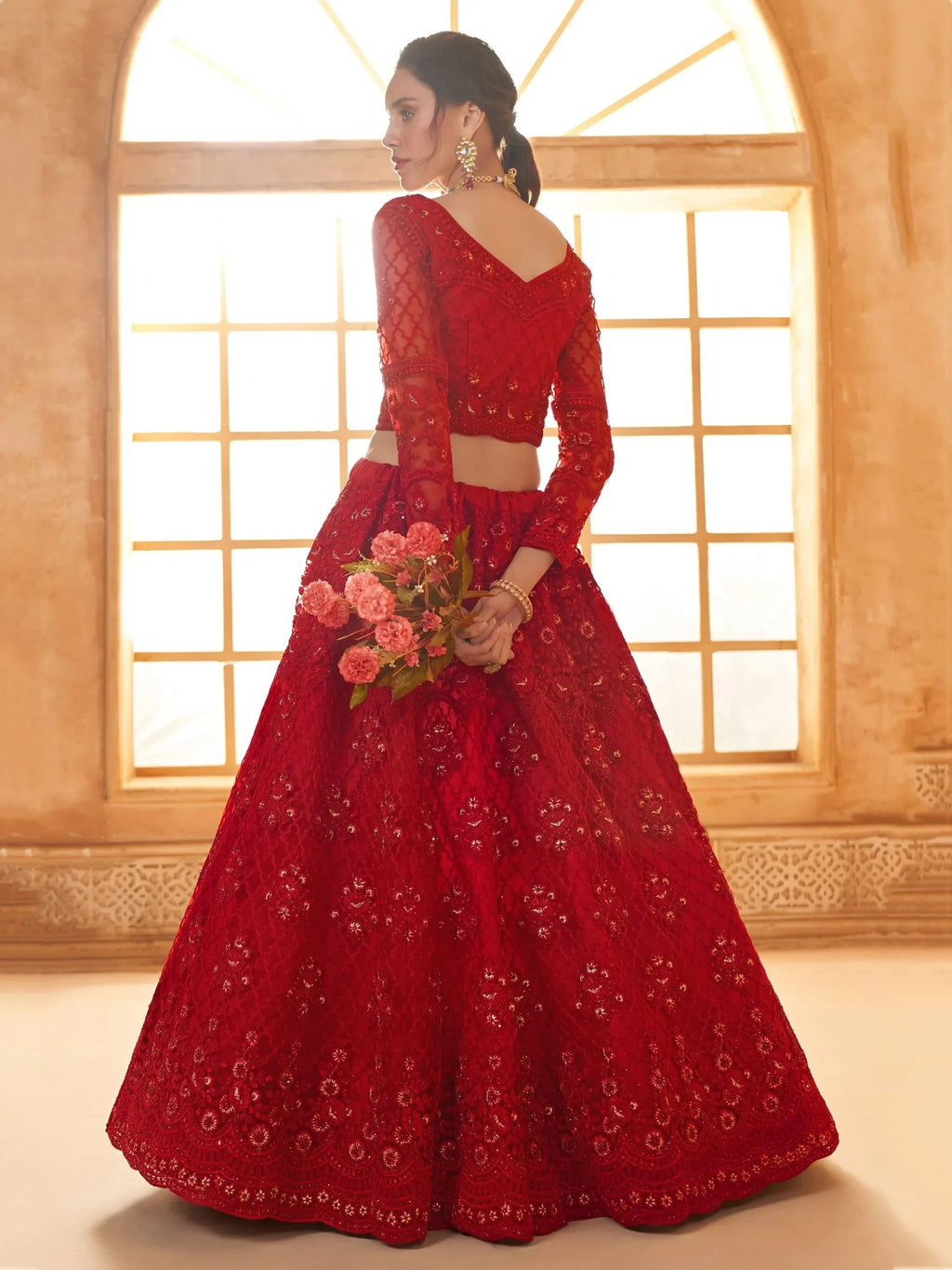 Awesome Red Embroidered Net Wedding Lehenga Choli With Dupatta