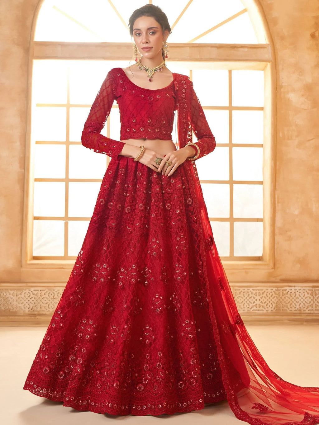 Awesome Red Embroidered Net Wedding Lehenga Choli With Dupatta