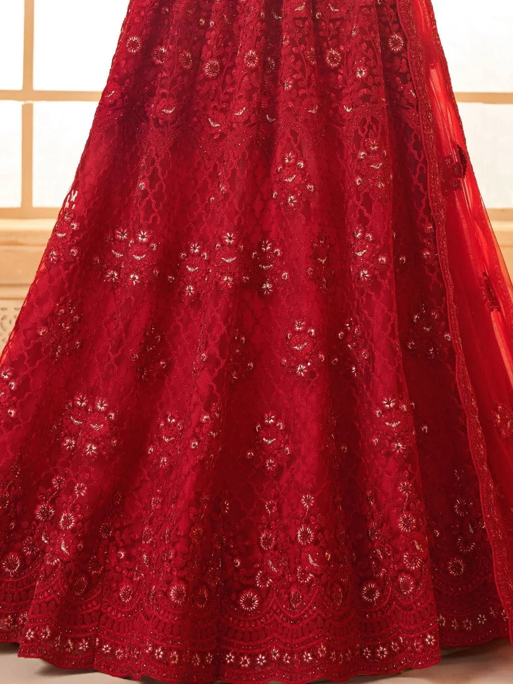 Awesome Red Embroidered Net Wedding Lehenga Choli With Dupatta