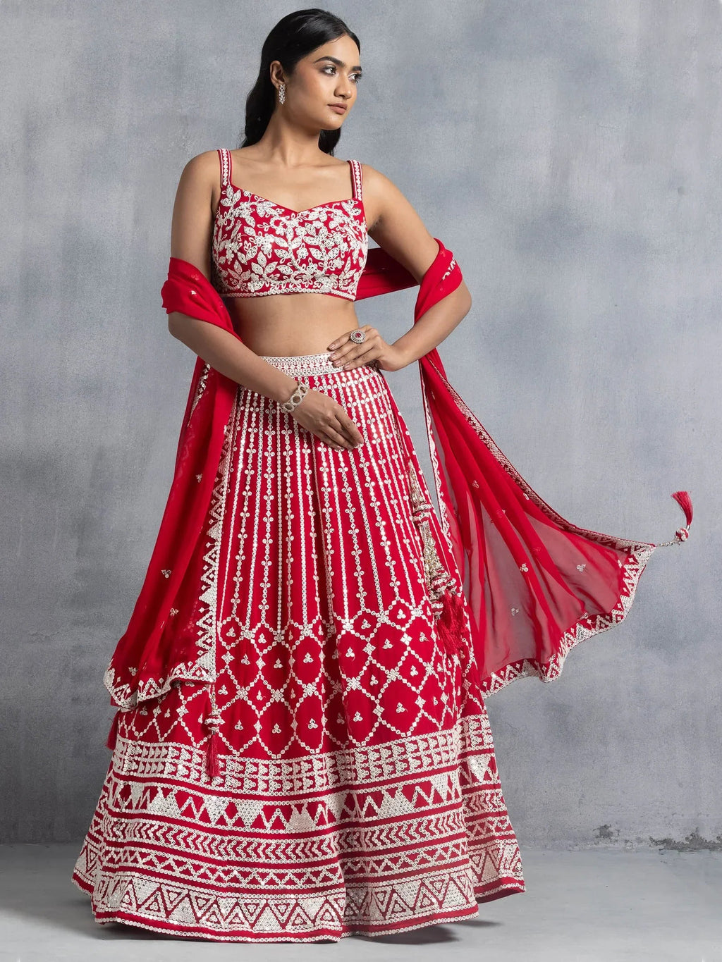 Awesome Red Thread Embroidered Georgette Wedding Lehenga Choli