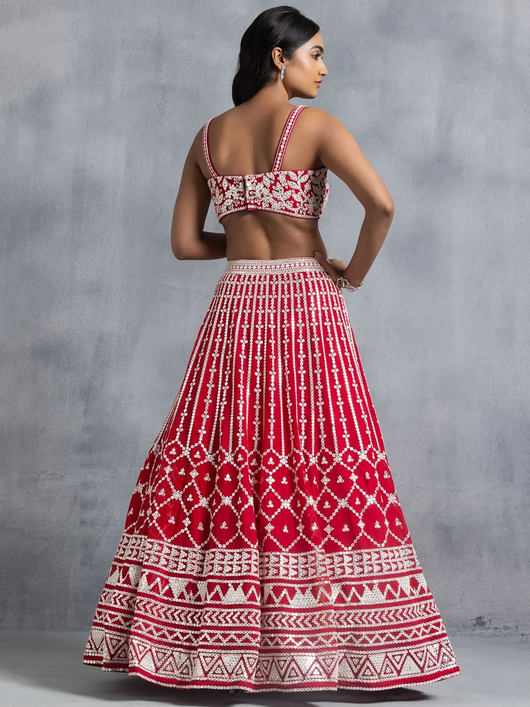 Awesome Red Thread Embroidered Georgette Wedding Lehenga Choli