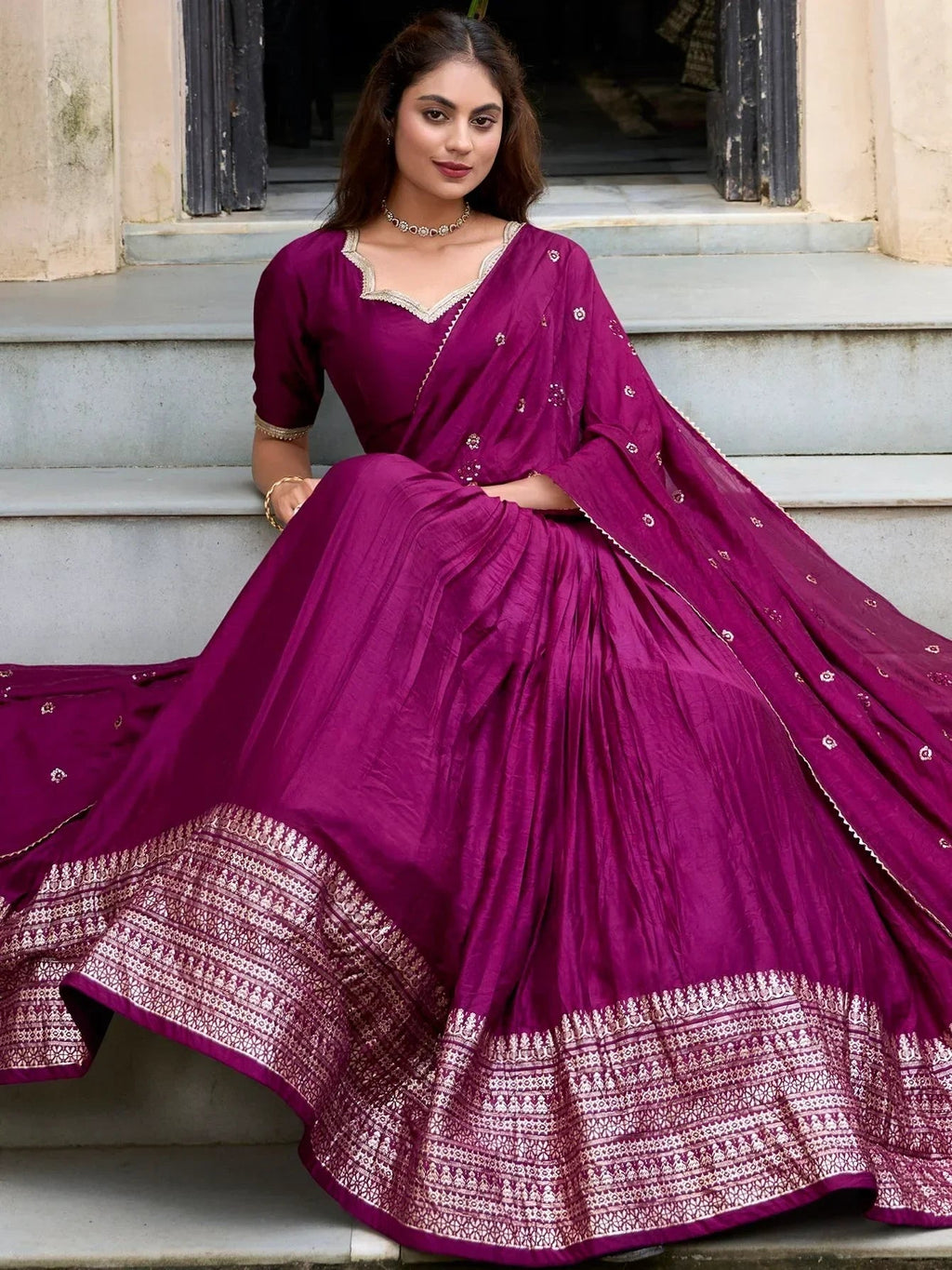 Wine Awesome Zari Weaving Chanderi Silk Festive Wear Lehenga Choli