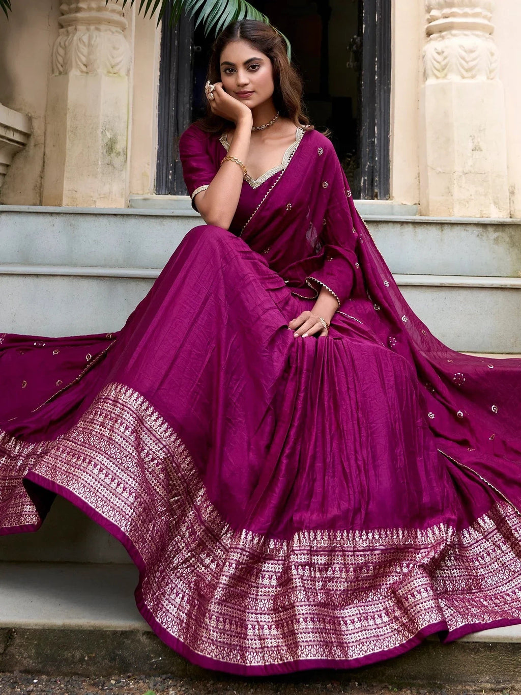 Wine Awesome Zari Weaving Chanderi Silk Festive Wear Lehenga Choli
