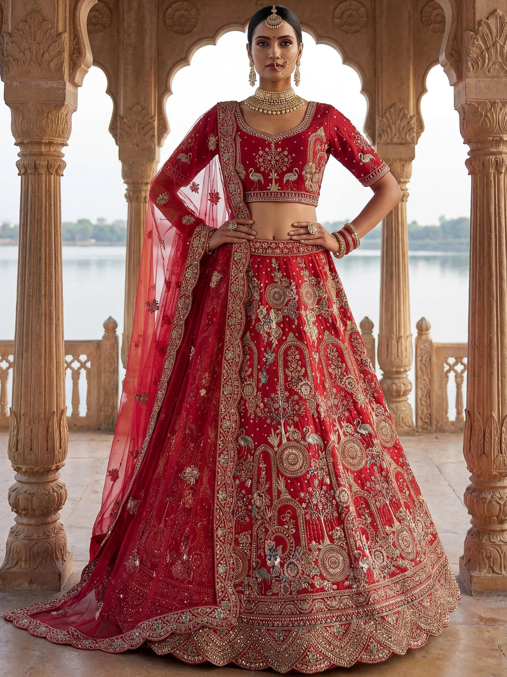 Red Awesome Embroidered Silk Bridal Lehenga Choli With Double Dupatta