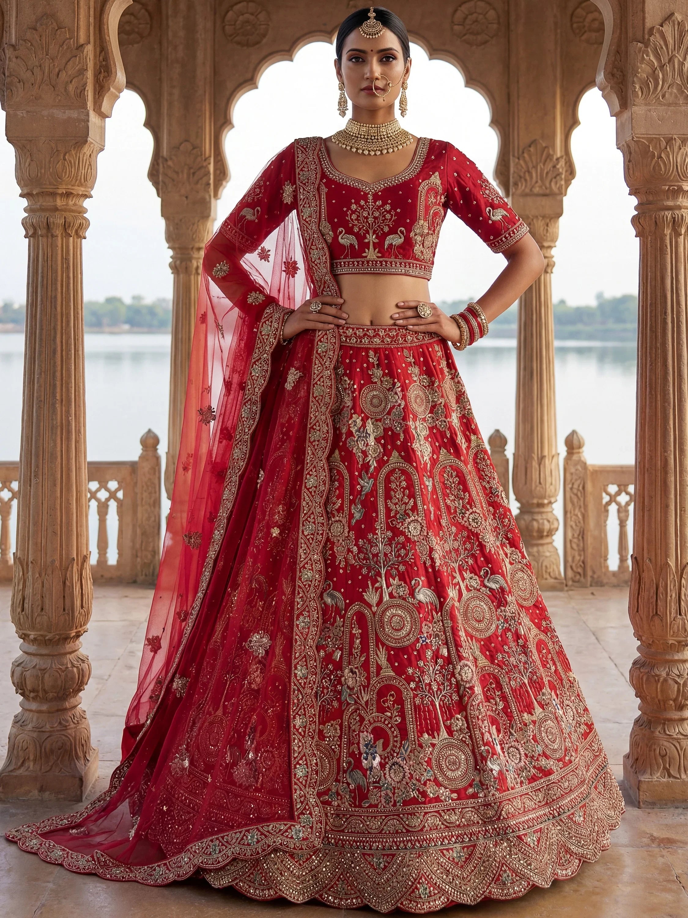 Red Awesome Embroidered Silk Bridal Lehenga Choli With Double Dupatta