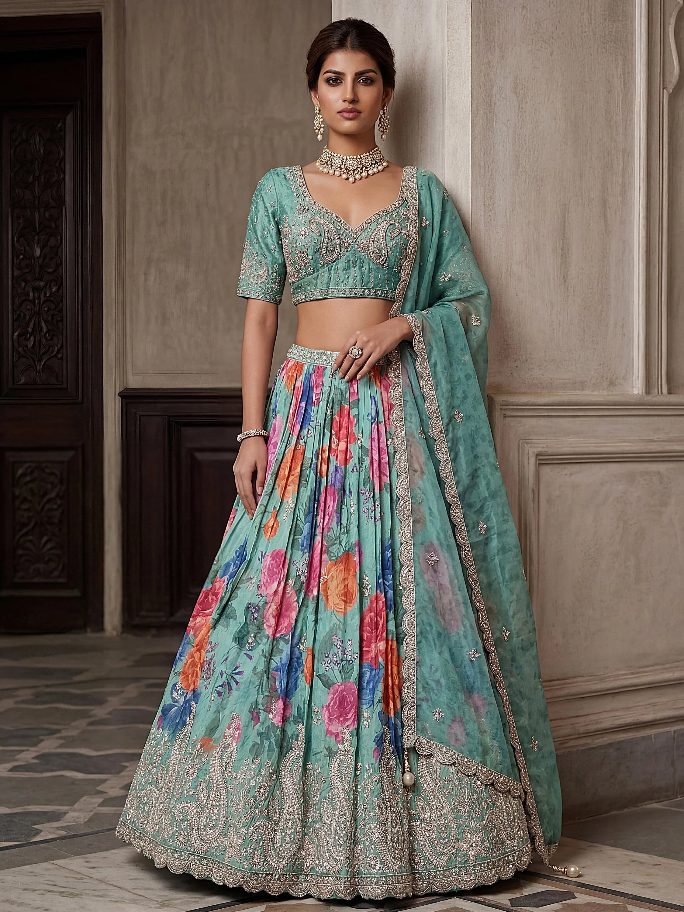 Blue Ravishing Tissue Bead Work Bridesmaid Lehenga Choli With Dupatta