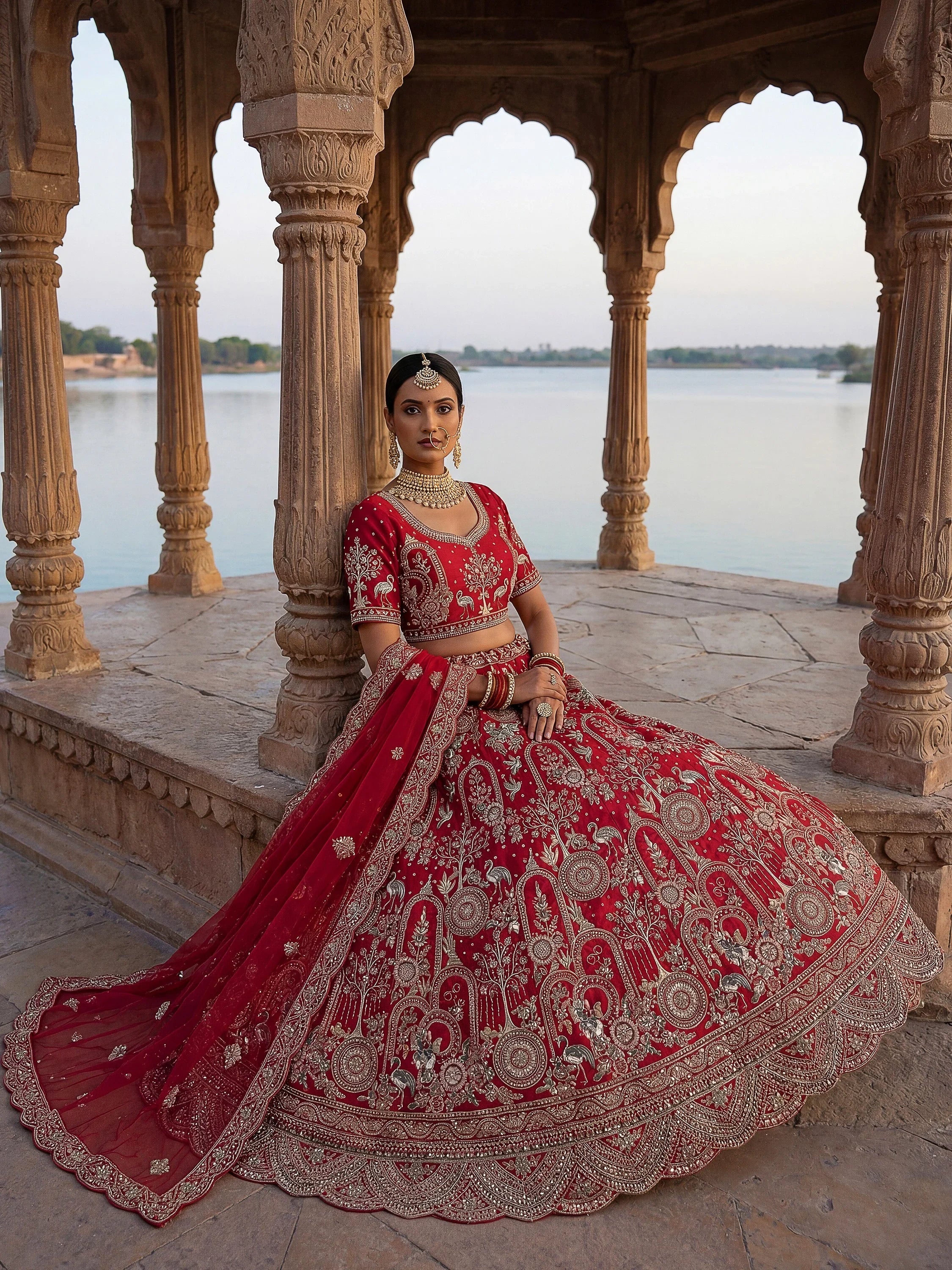 Red Awesome Embroidered Silk Bridal Lehenga Choli With Double Dupatta