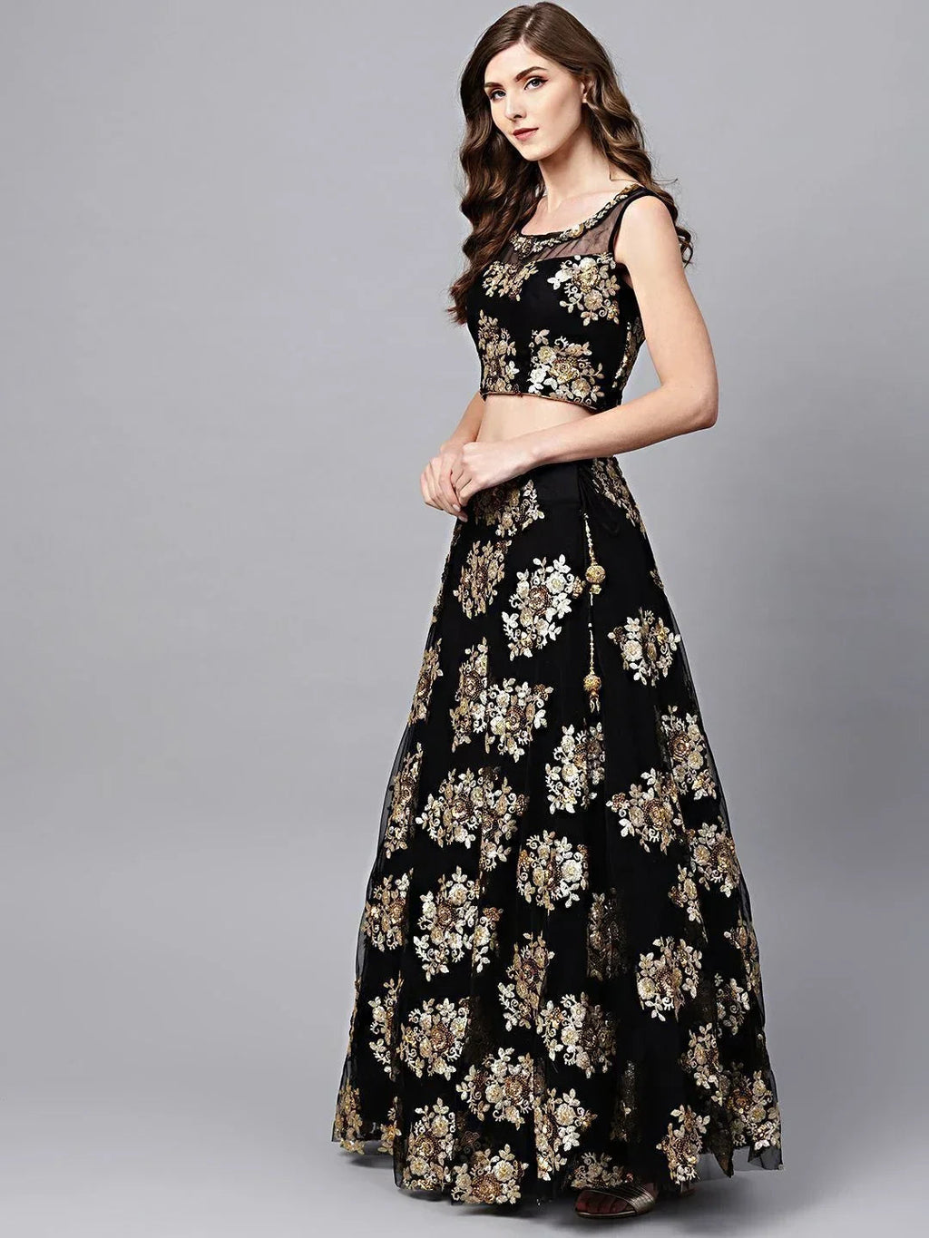 Black Floral Golden Sequins Work Net Fabric Party Wear Lehenga Choli