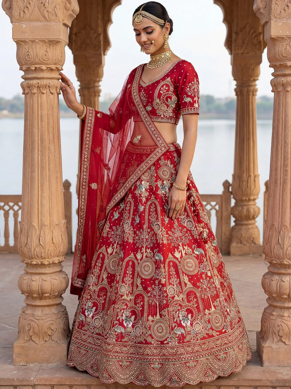 Red Awesome Embroidered Silk Bridal Lehenga Choli With Double Dupatta