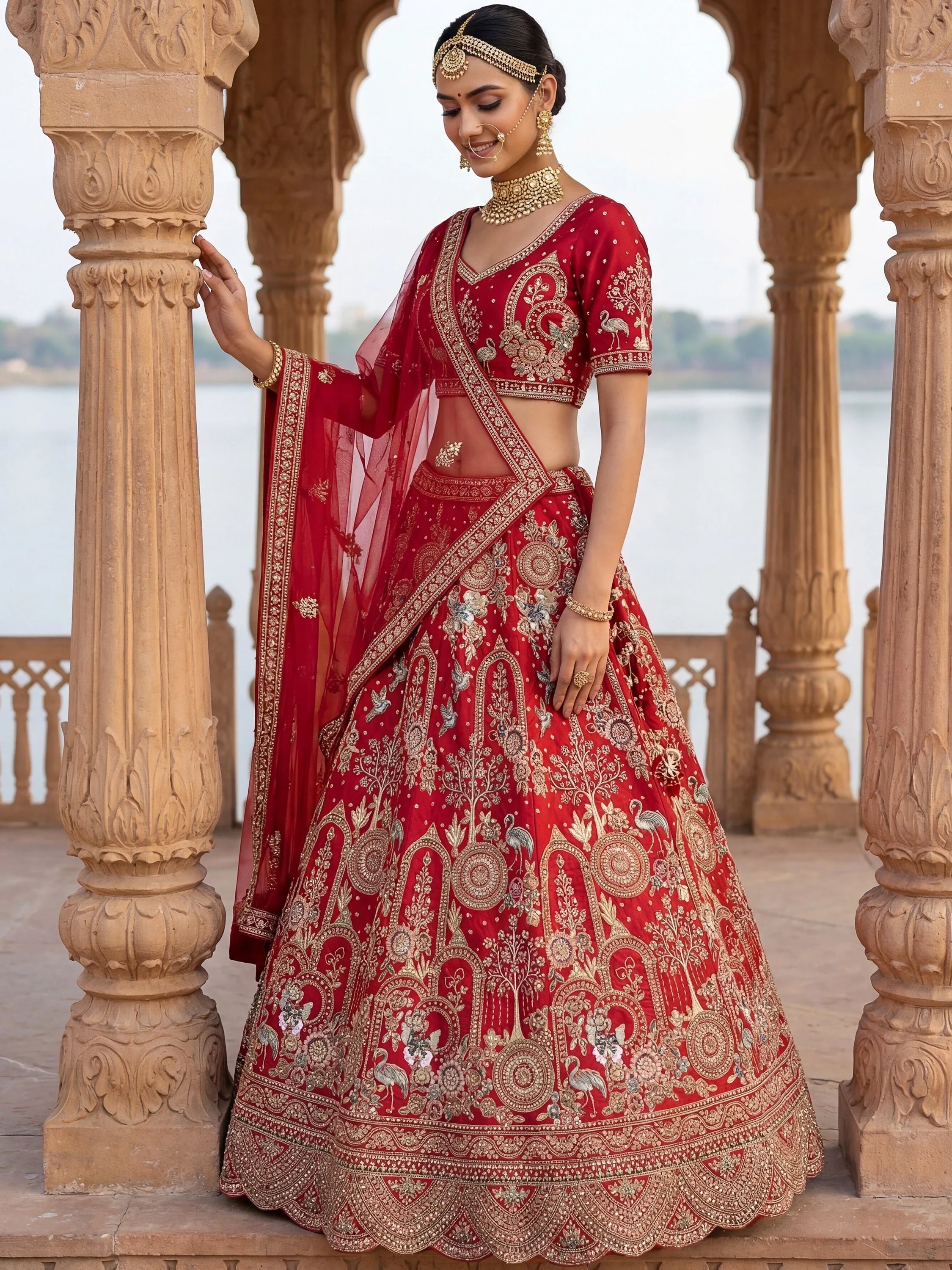 Red Awesome Embroidered Silk Bridal Lehenga Choli With Double Dupatta