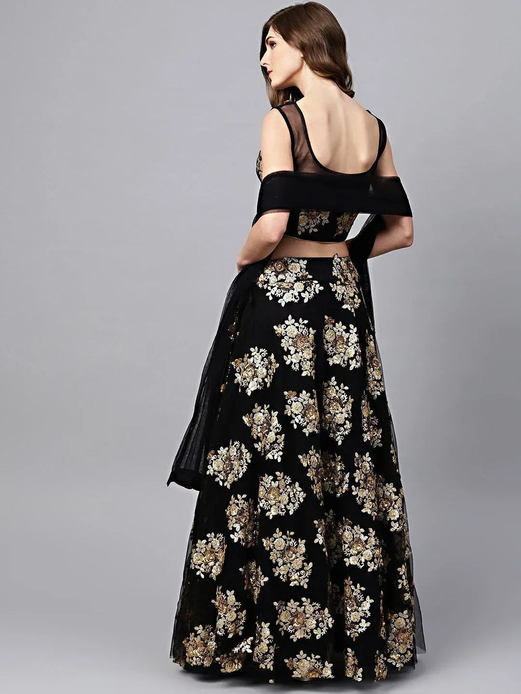 Black Floral Golden Sequins Work Net Fabric Party Wear Lehenga Choli