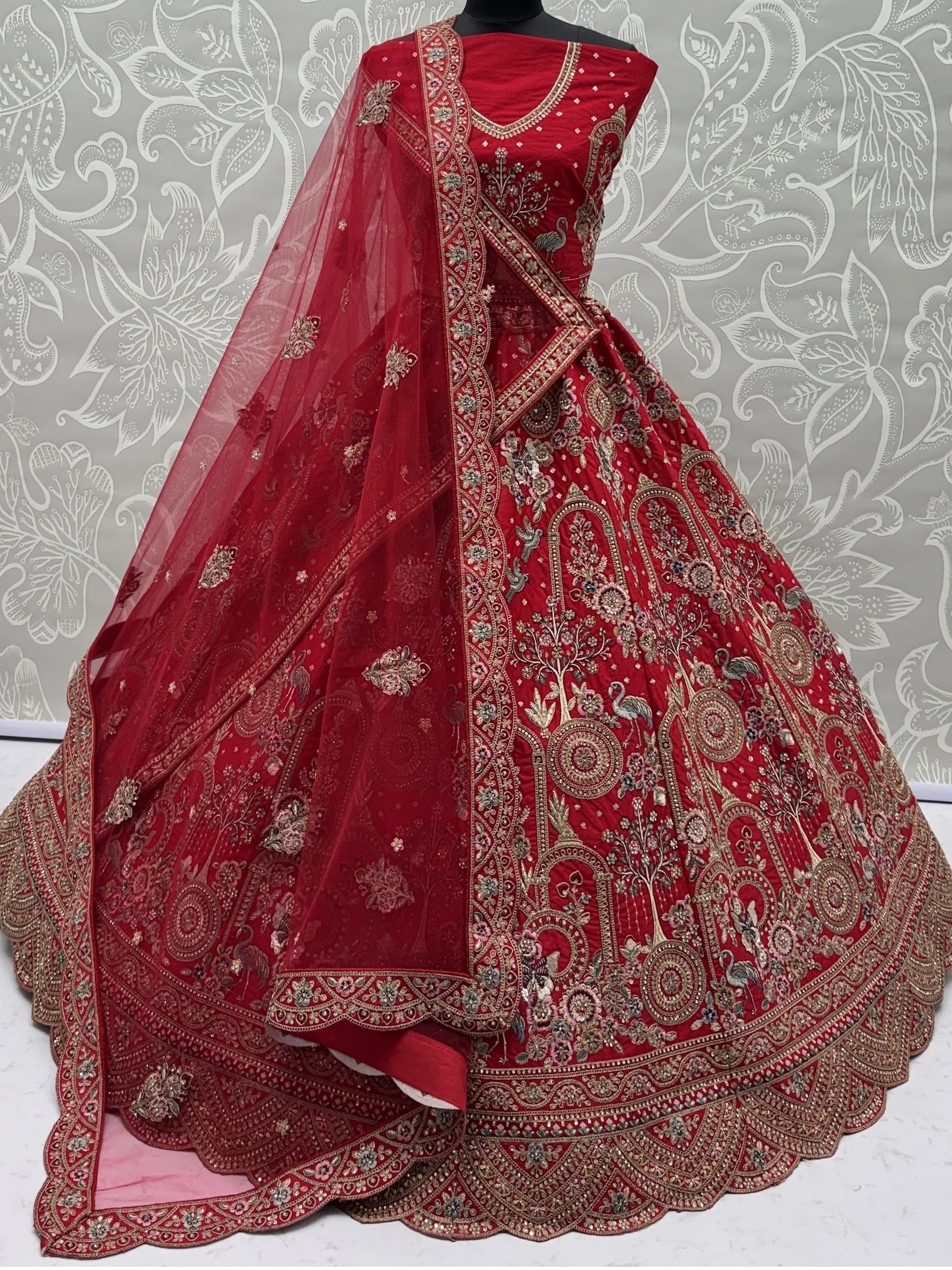 Red Awesome Embroidered Silk Bridal Lehenga Choli With Double Dupatta