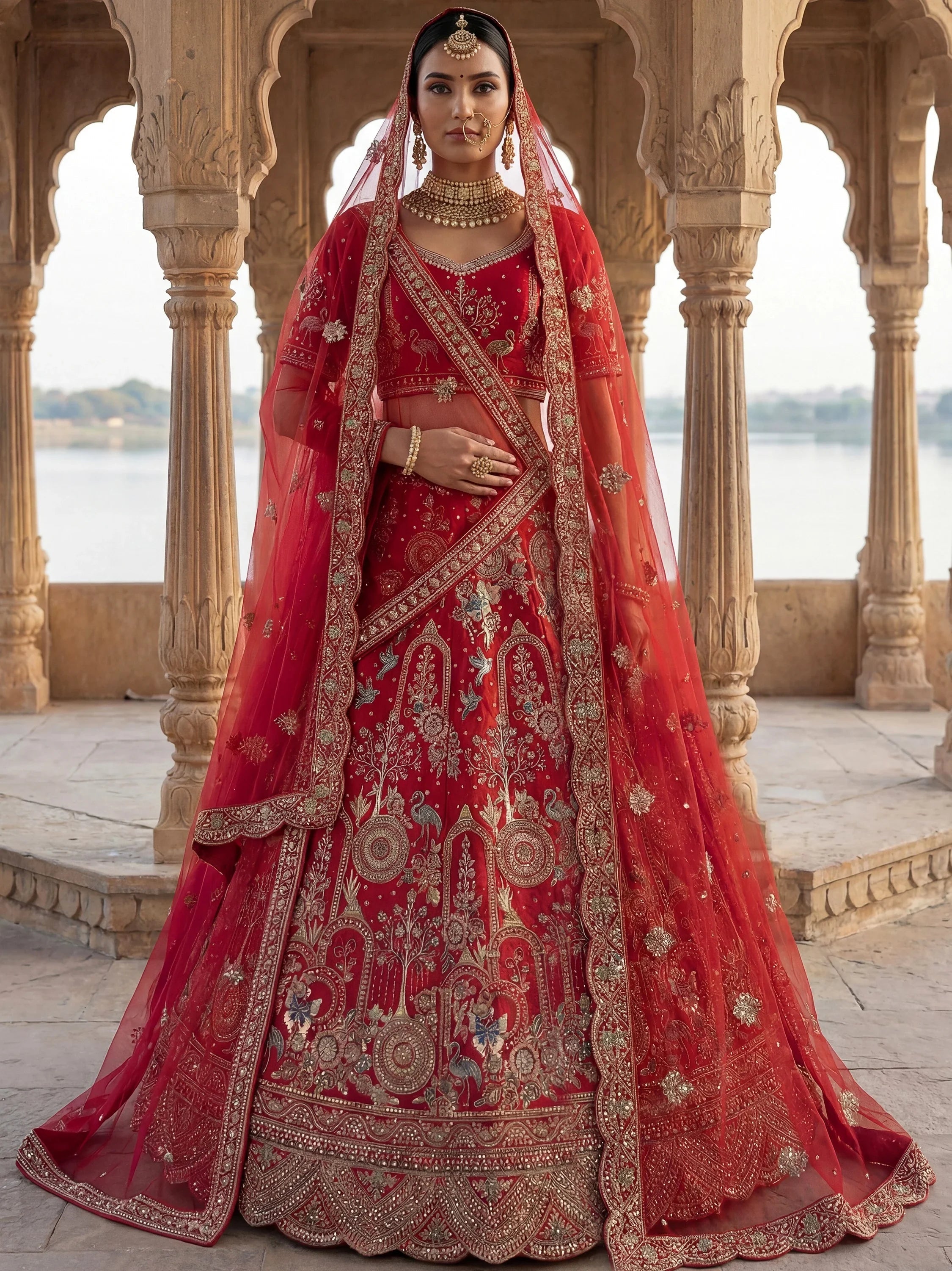 Red Awesome Embroidered Silk Bridal Lehenga Choli With Double Dupatta