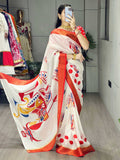 Striking White Printed Silk Traditional Saree With Printed Blouse