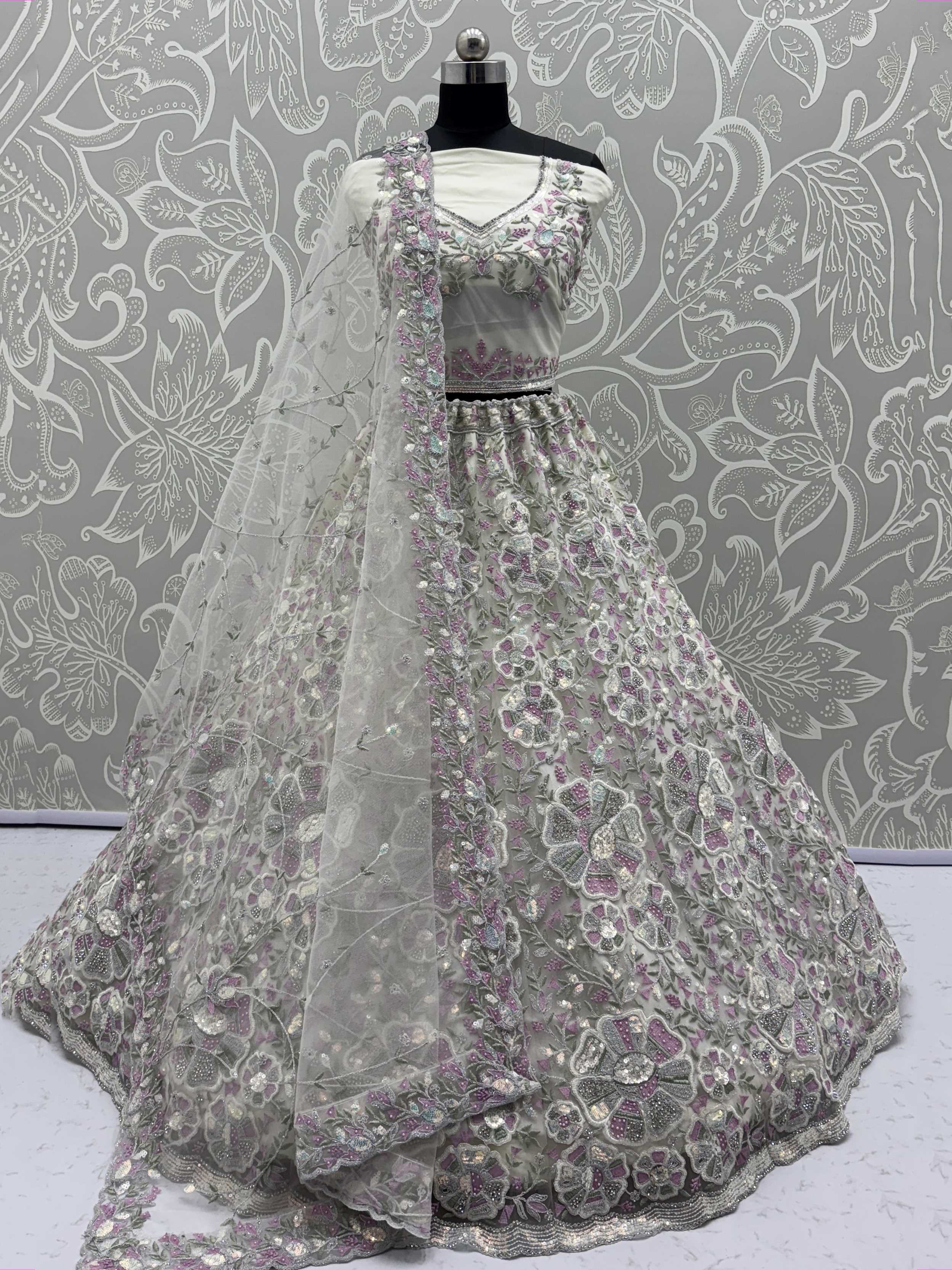 White Glamorous Net Sequins Wedding Wear Lehenga Choli With Dupatta