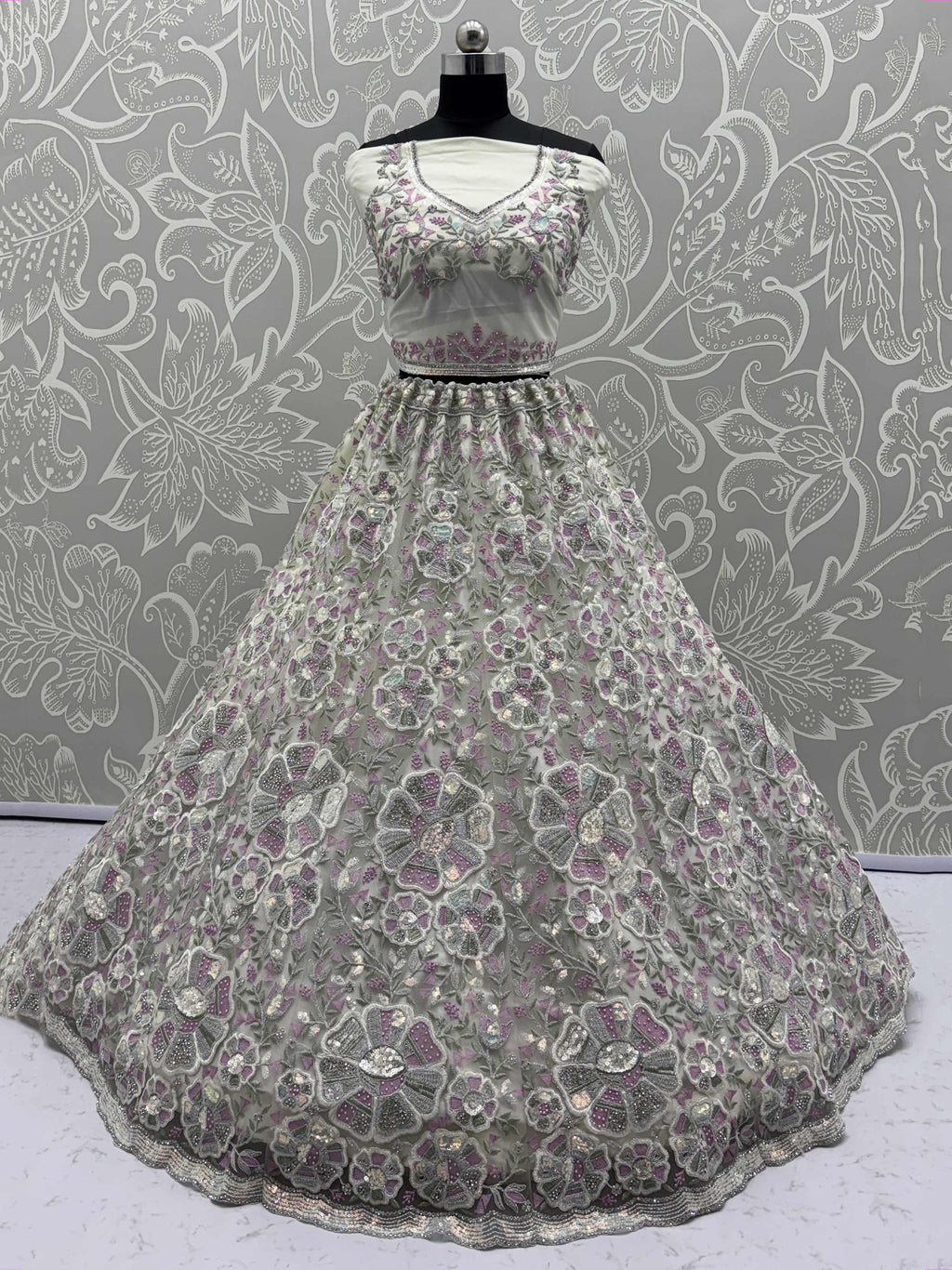White Glamorous Net Sequins Wedding Wear Lehenga Choli With Dupatta
