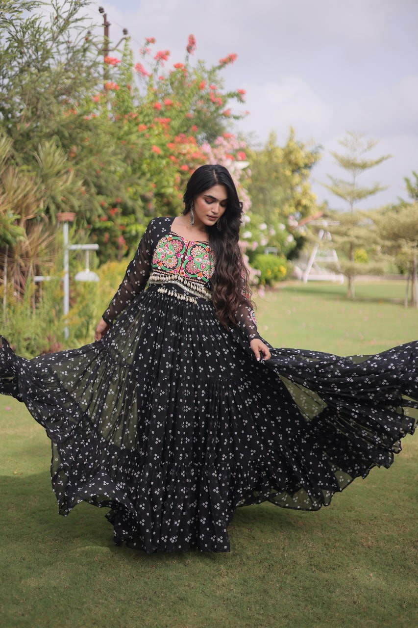 Bandhani Print Faux Georgette Gown with Kutchi Patchwork