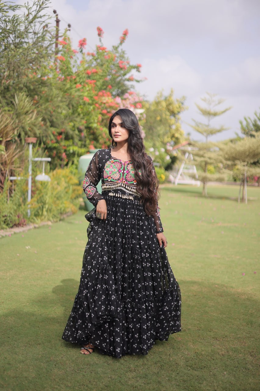 Bandhani Print Faux Georgette Gown with Kutchi Patchwork